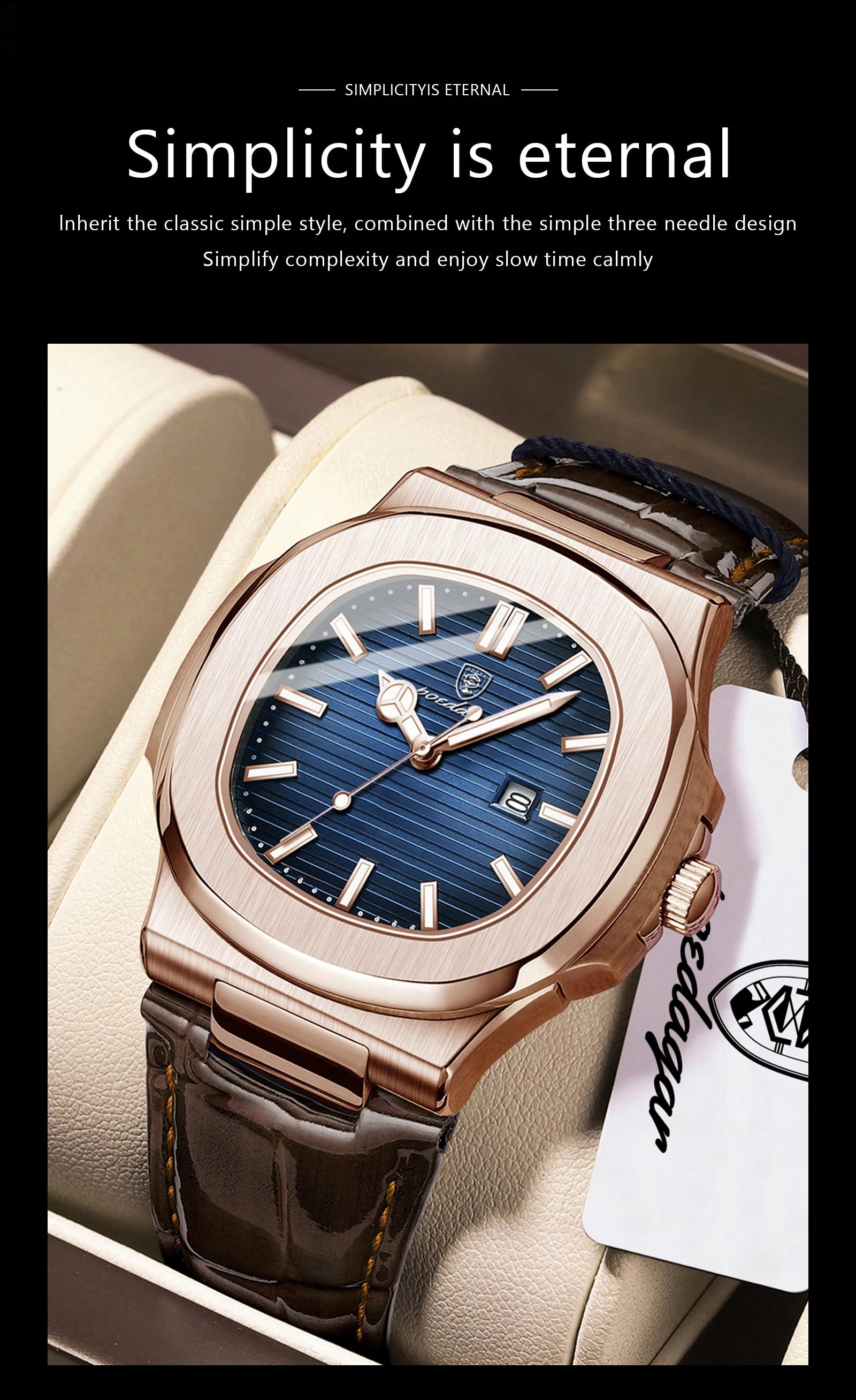 Square Leather Watch – Luminous Dial with Date & Classic Buckle