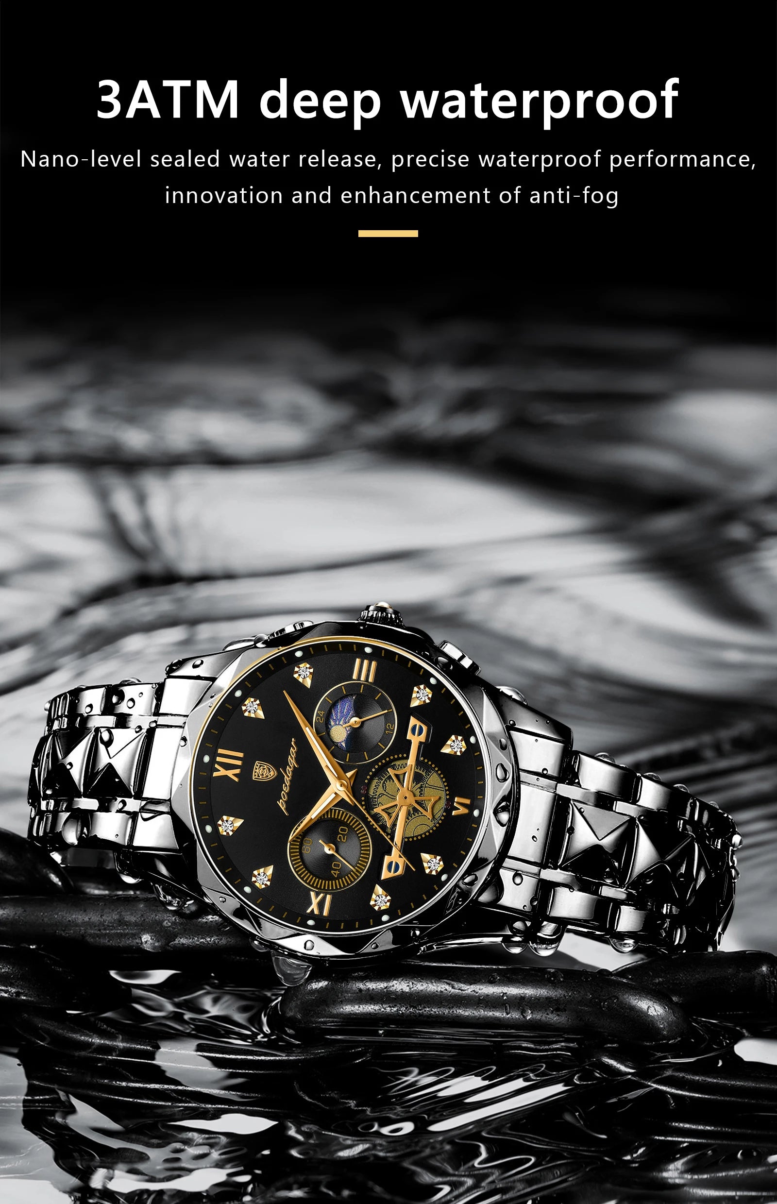 Round Chronograph Watch – Roman Numeral Dial with Hidden Clasp Bracelet