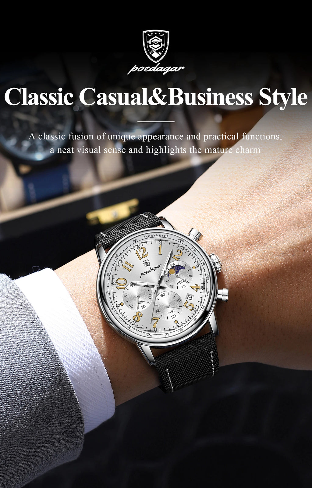 Classic Chronograph Watch – Luminous Arabic Dial with Nylon Strap