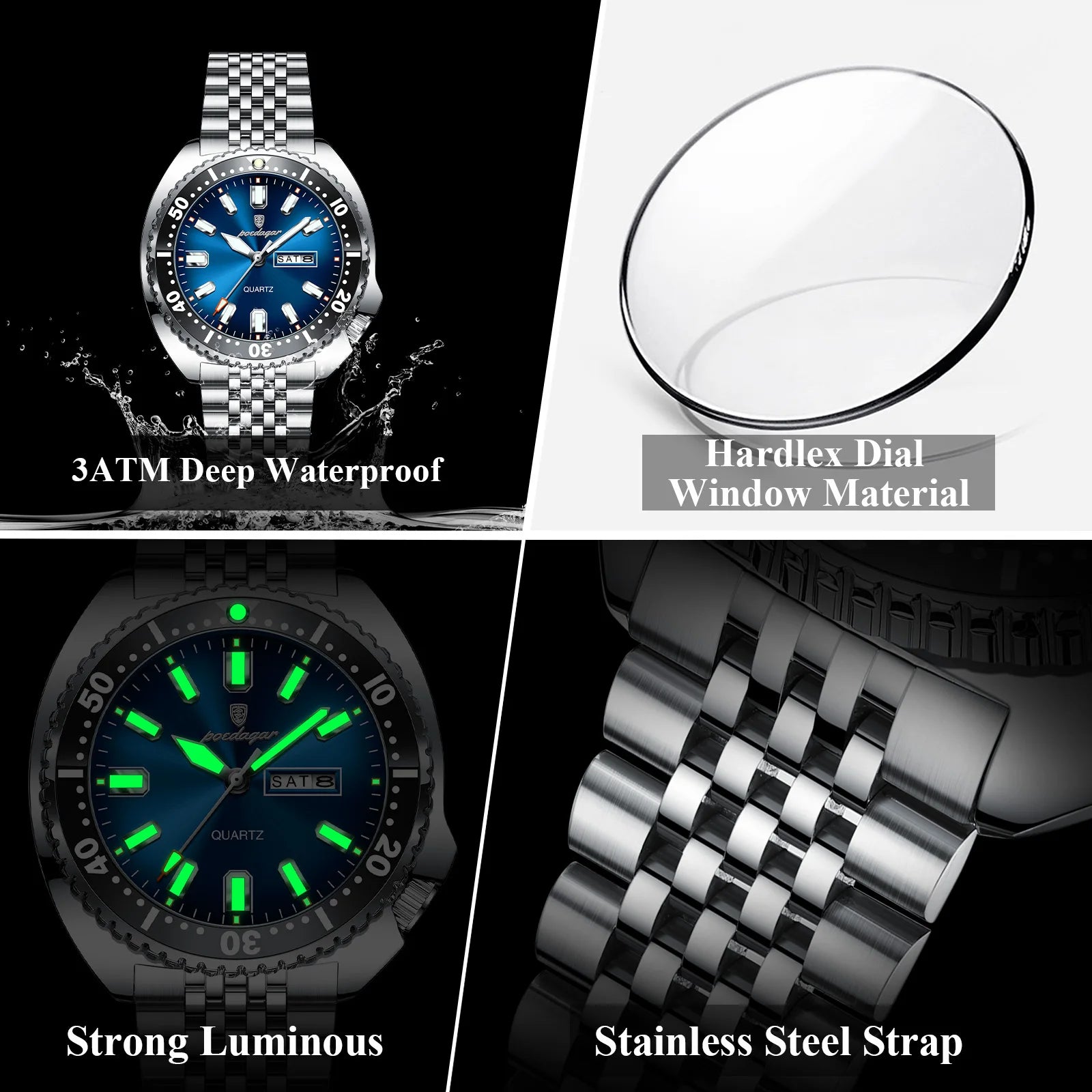 Large Full Calendar Watch – Luminous Numberless Dial with Hidden Clasp Bracelet