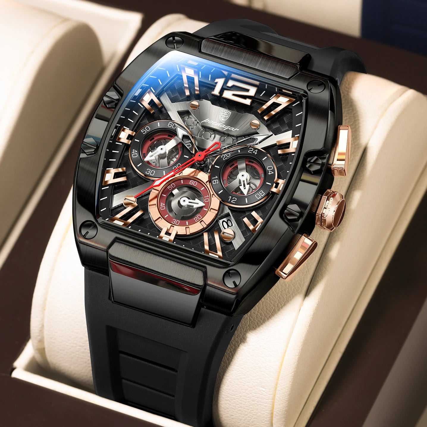 Tonneau Chronograph Watch – Luminous Arabic Dial with Silicone Strap