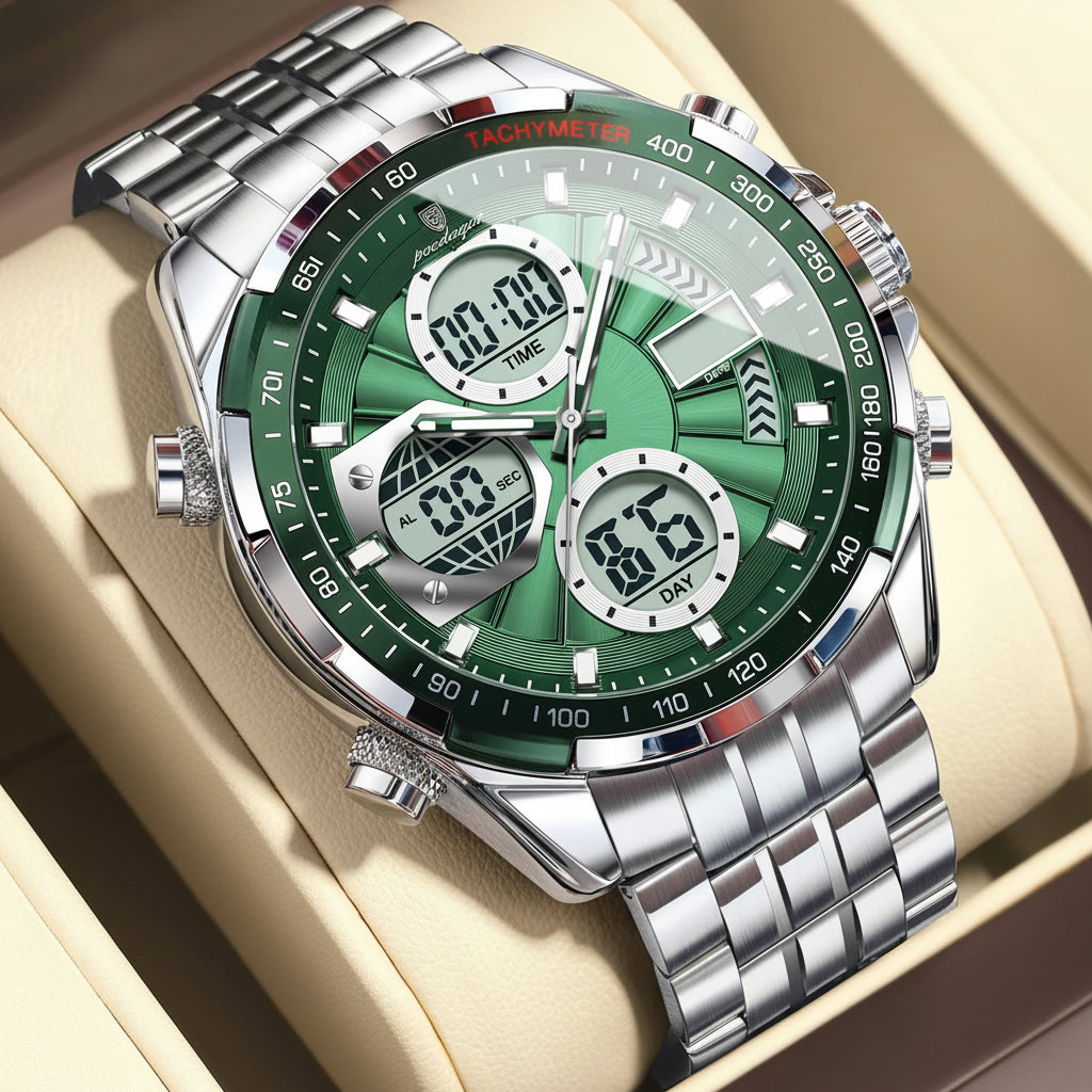 Dual Time Chronograph Watch – Analog-Digital Display with LED & Full Calendar