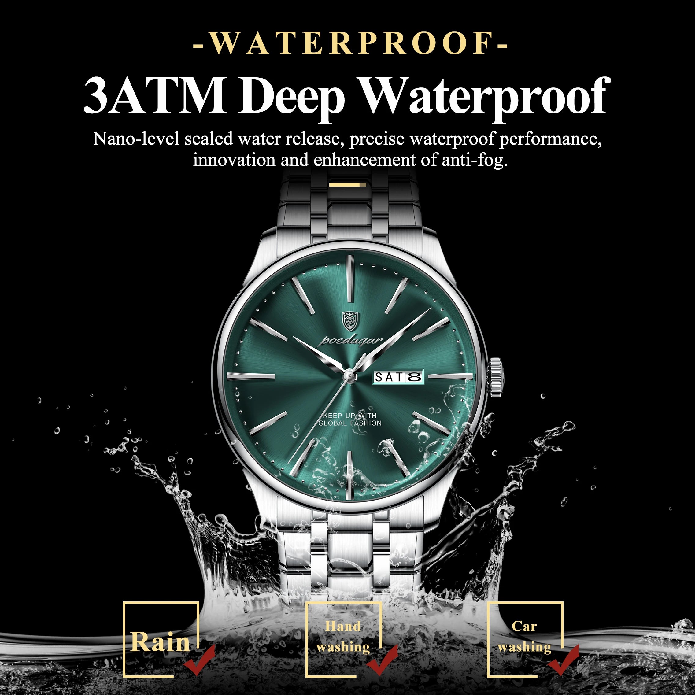 Full Calendar Stainless Steel Watch – Date & Week Display with Hidden Clasp