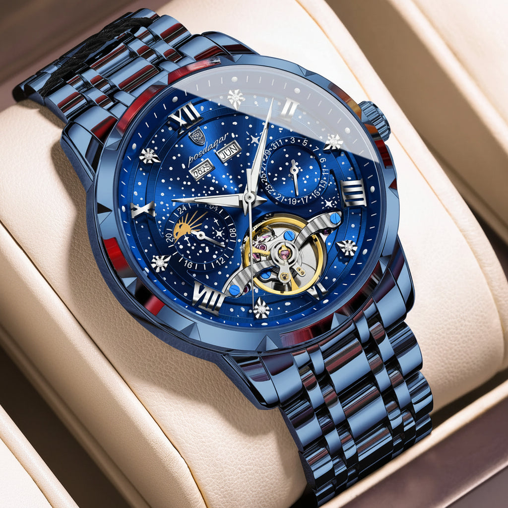 Automatic Skeleton Watch – Tourbillon Style with Roman Numeral Dial & Full Calendar