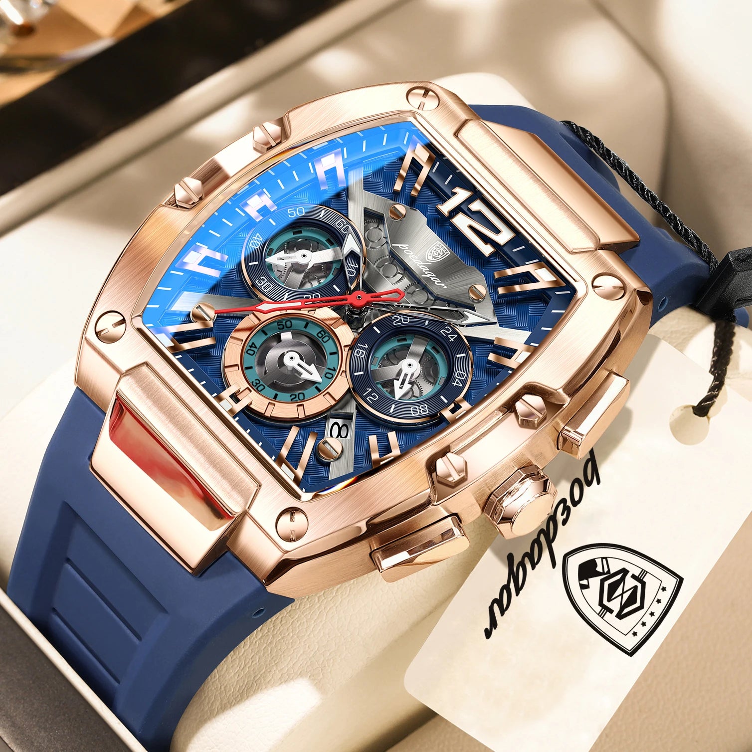 Bold Tonneau Timepiece – Luminous Chronograph with Premium Silicone Strap