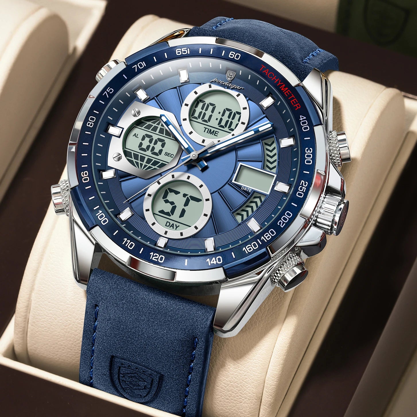 LED Analog-Digital Chronograph Watch – Dual Time & Alarm with Leather Strap