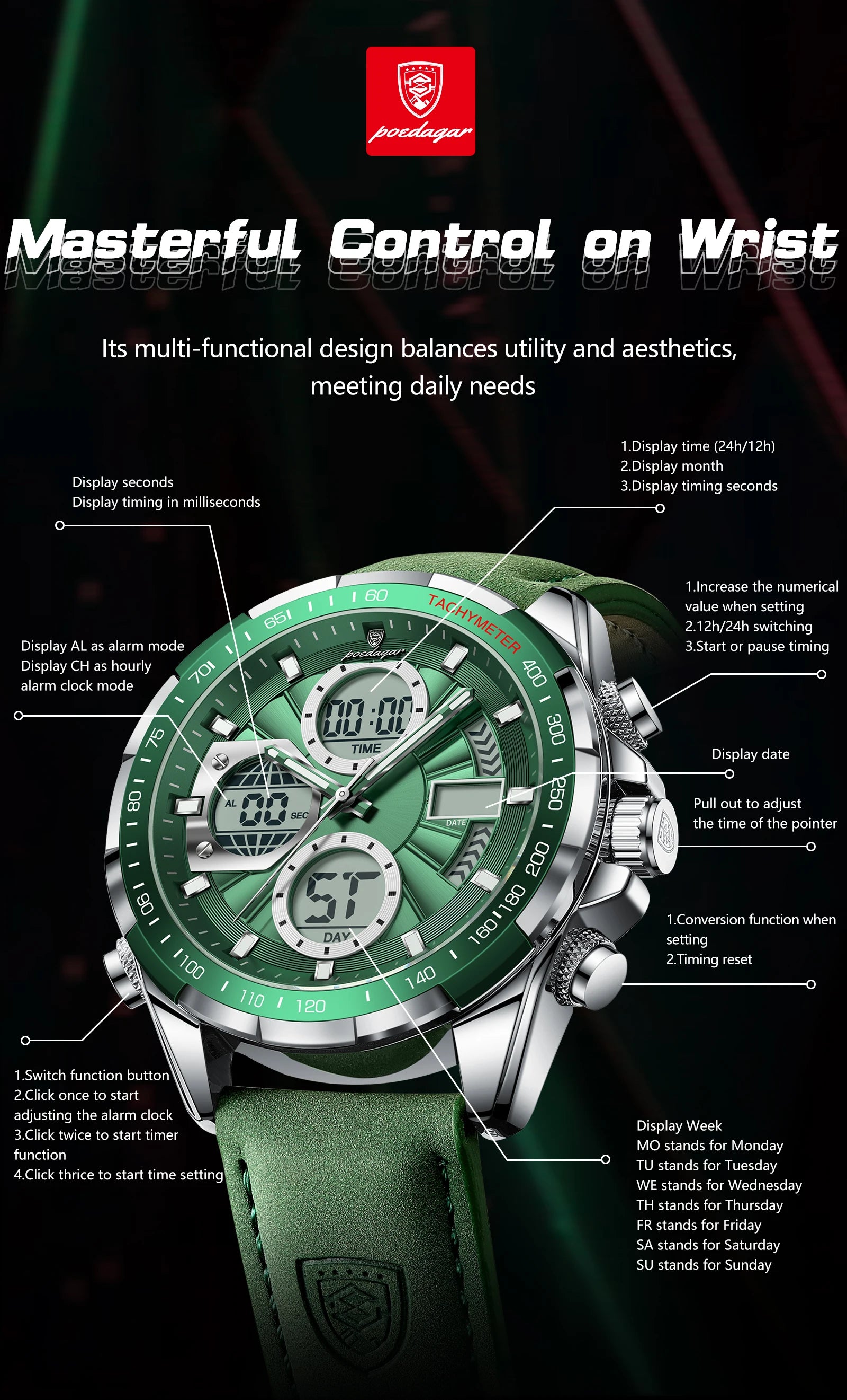 LED Analog-Digital Chronograph Watch – Dual Time & Alarm with Leather Strap