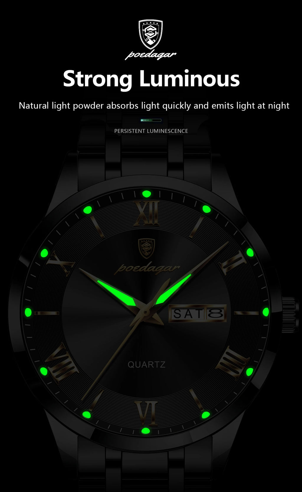 Full Calendar Stainless Steel Watch – Luminous Dial with Date, Week & Hidden Clasp