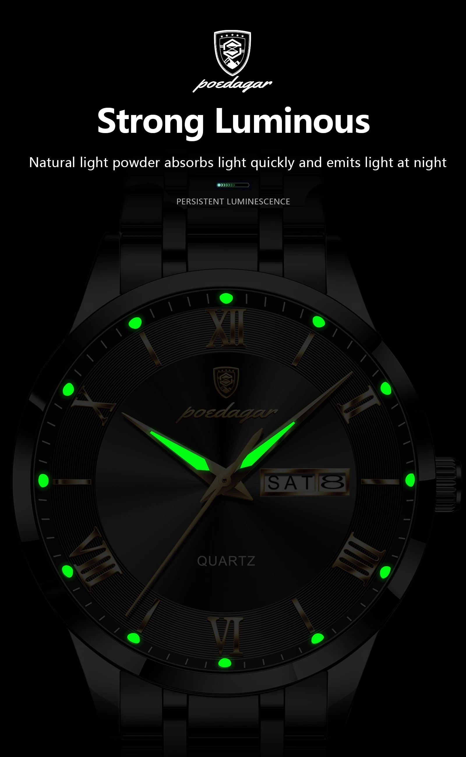 Full Calendar Stainless Steel Watch – Luminous Dial with Date, Week & Hidden Clasp