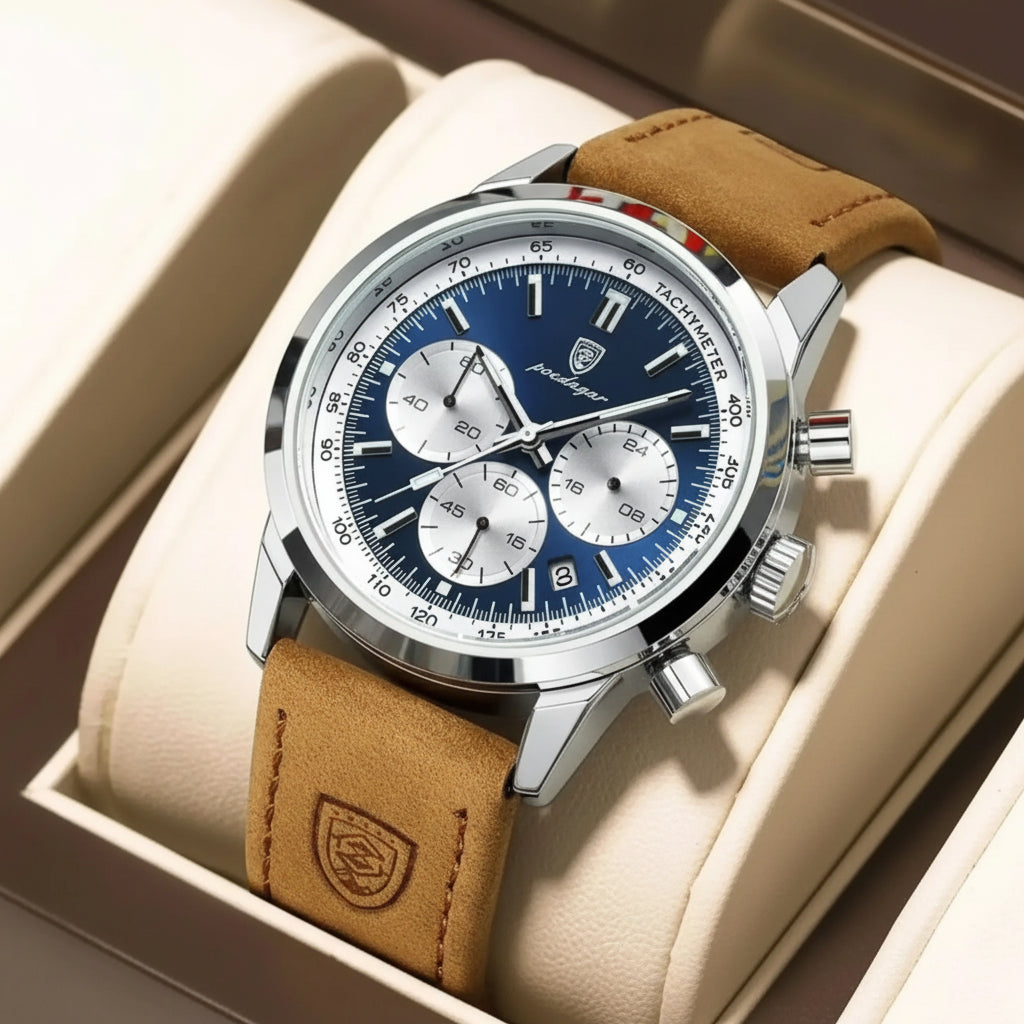 Chronograph Leather Watch – Full Calendar with Luminous Dial