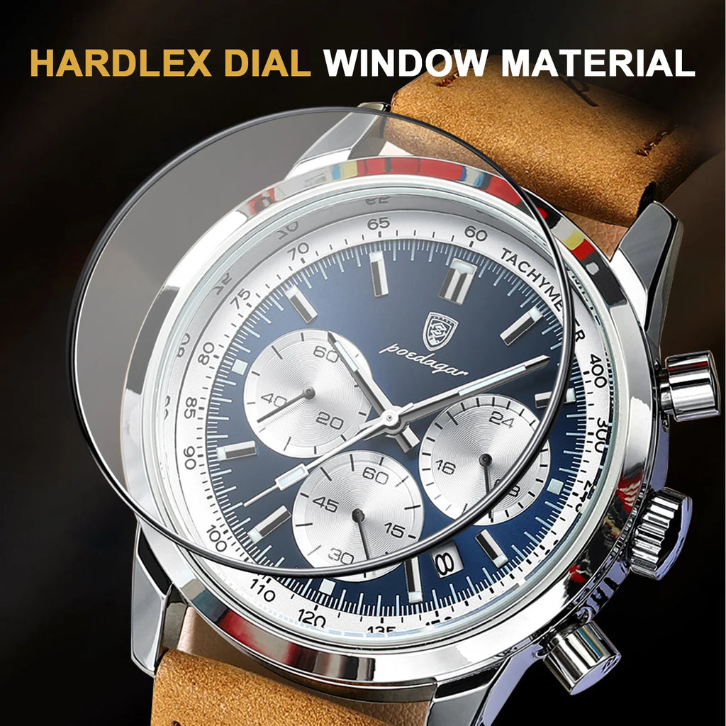 Chronograph Leather Watch – Luminous Numberless Dial with Date