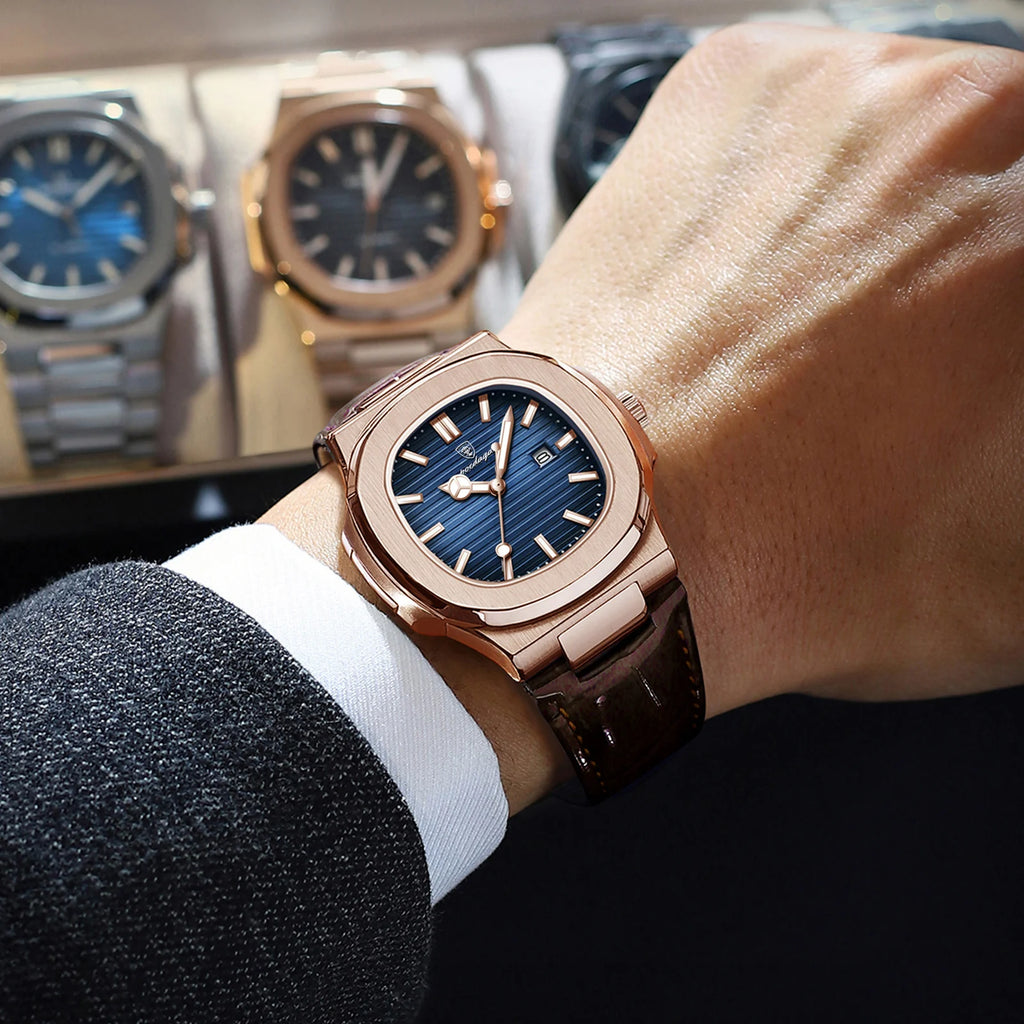 Square Leather Watch – Luminous Dial with Date & Classic Buckle