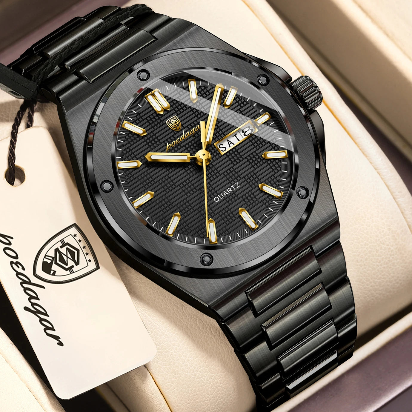 Full Calendar Business Watch – Luminous Stainless Steel with Hidden Clasp Bracelet