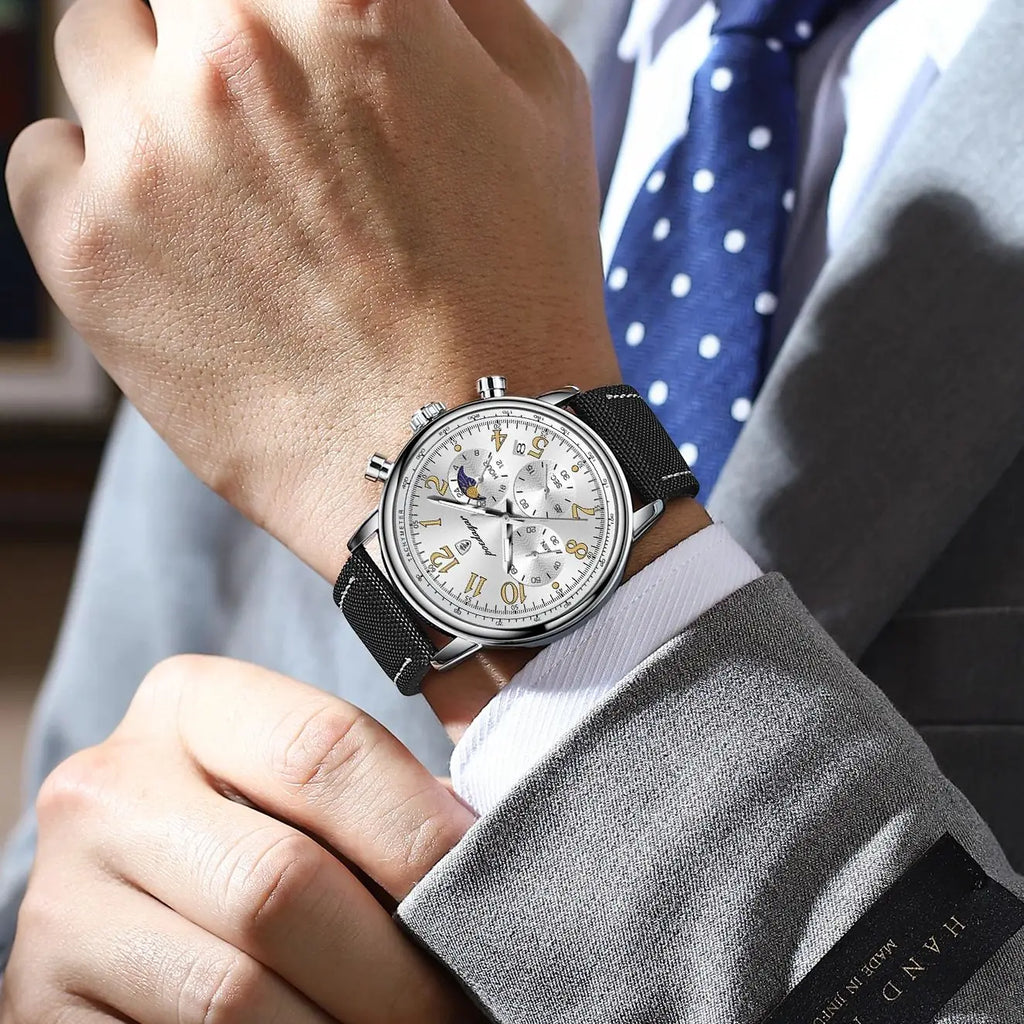 Classic Chronograph Watch – Luminous Arabic Dial with Nylon Strap