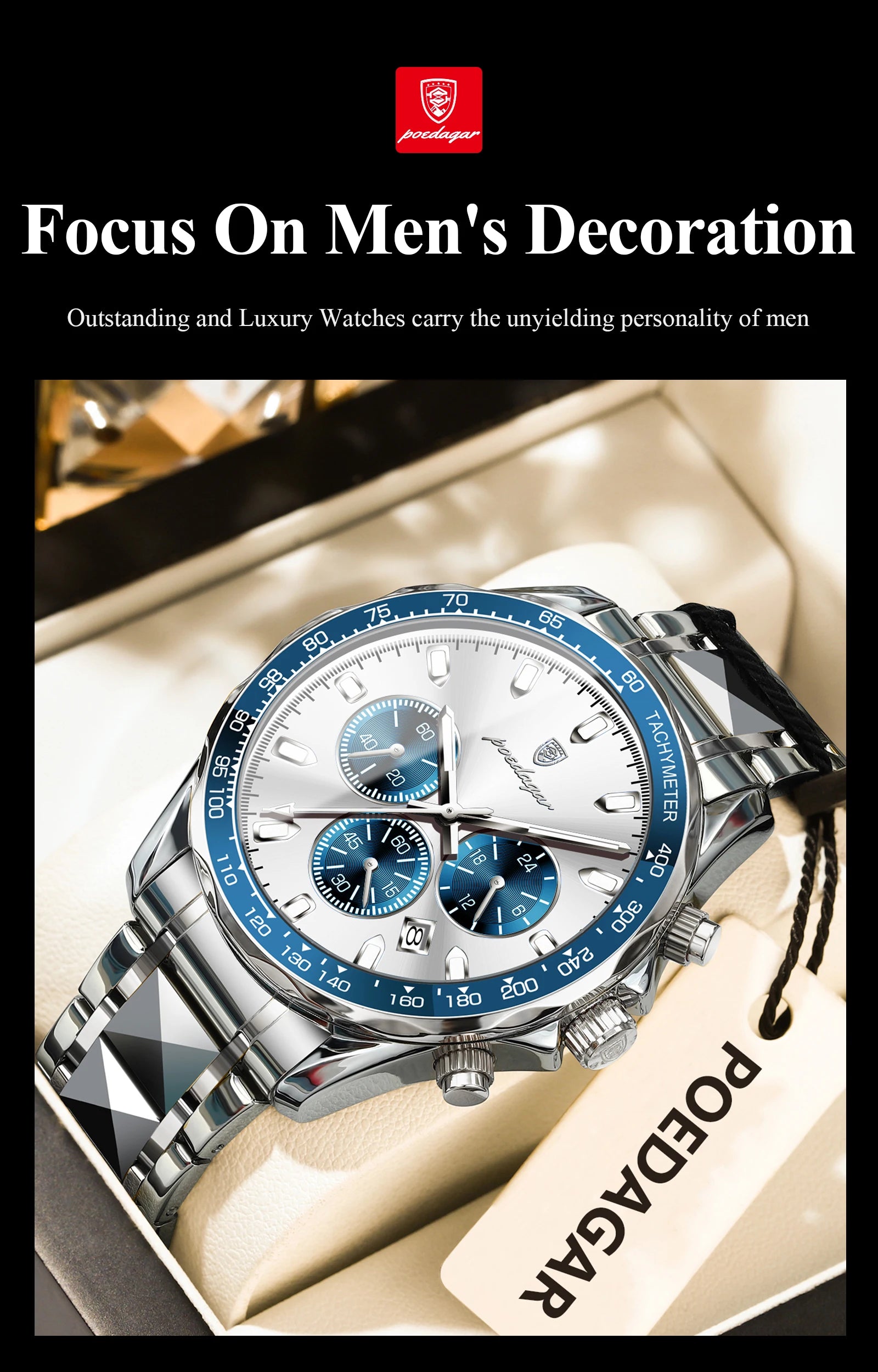 Chronograph Date Watch – Luminous Dial with Hidden Clasp Bracelet