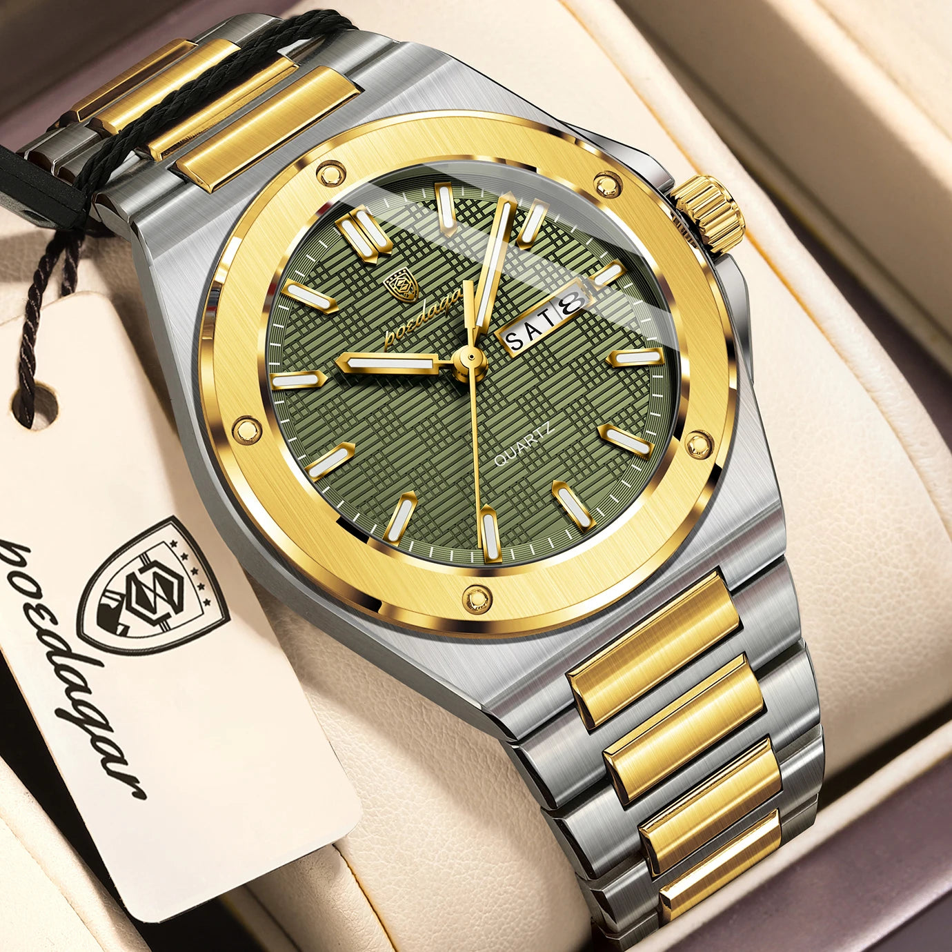 Full Calendar Business Watch – Luminous Stainless Steel with Hidden Clasp Bracelet