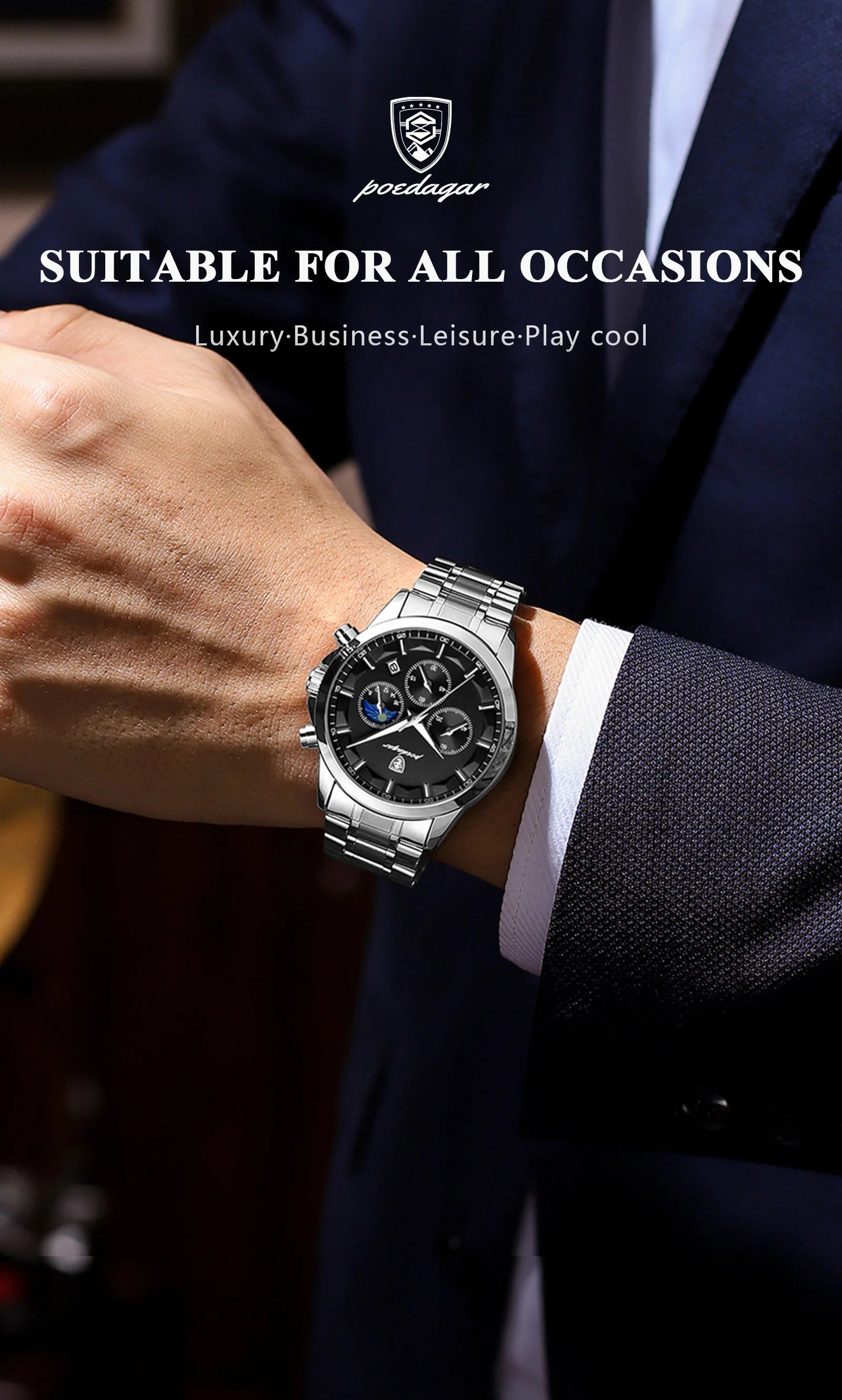 Chronograph Date Watch – Luminous Numberless Dial with Bracelet Clasp