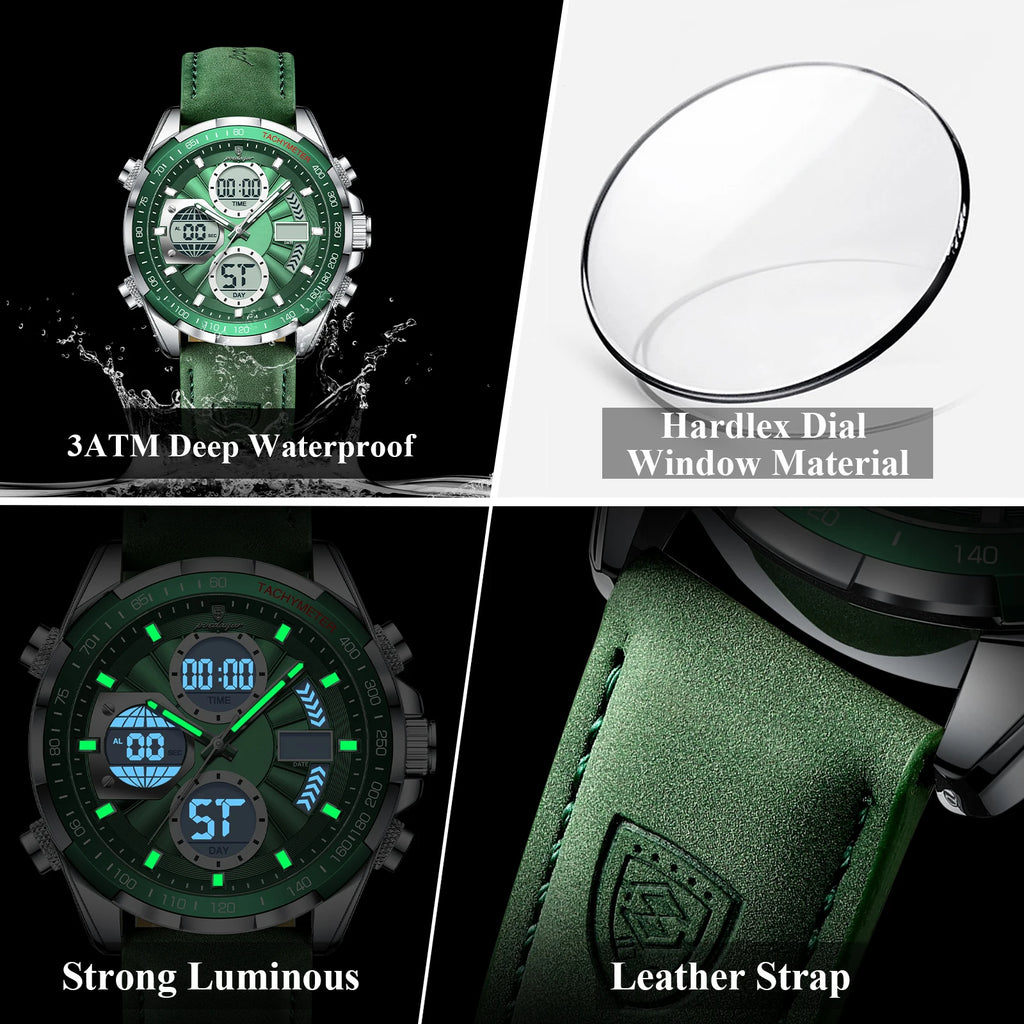 LED Analog-Digital Chronograph Watch – Dual Time & Alarm with Leather Strap
