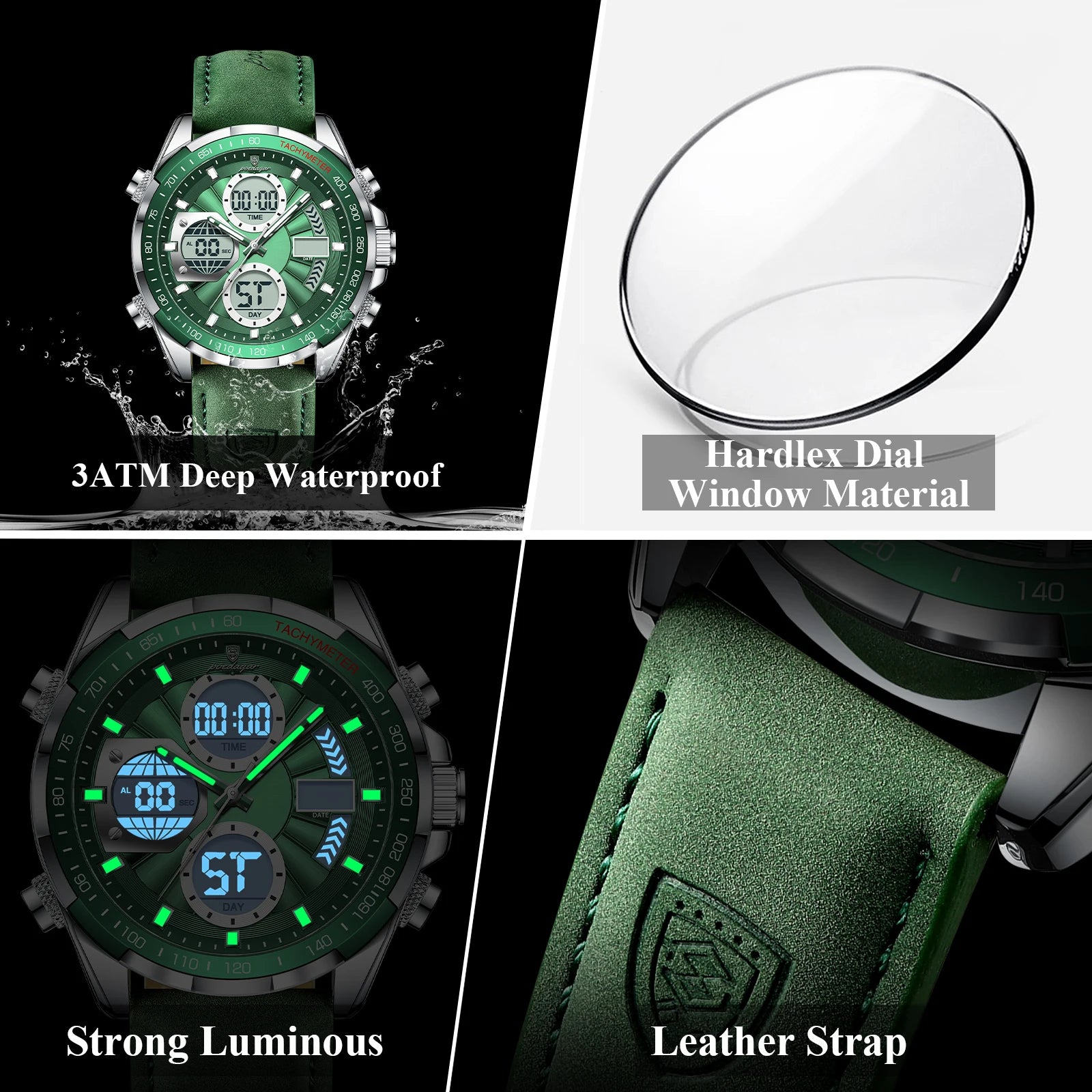 LED Analog-Digital Chronograph Watch – Dual Time & Alarm with Leather Strap