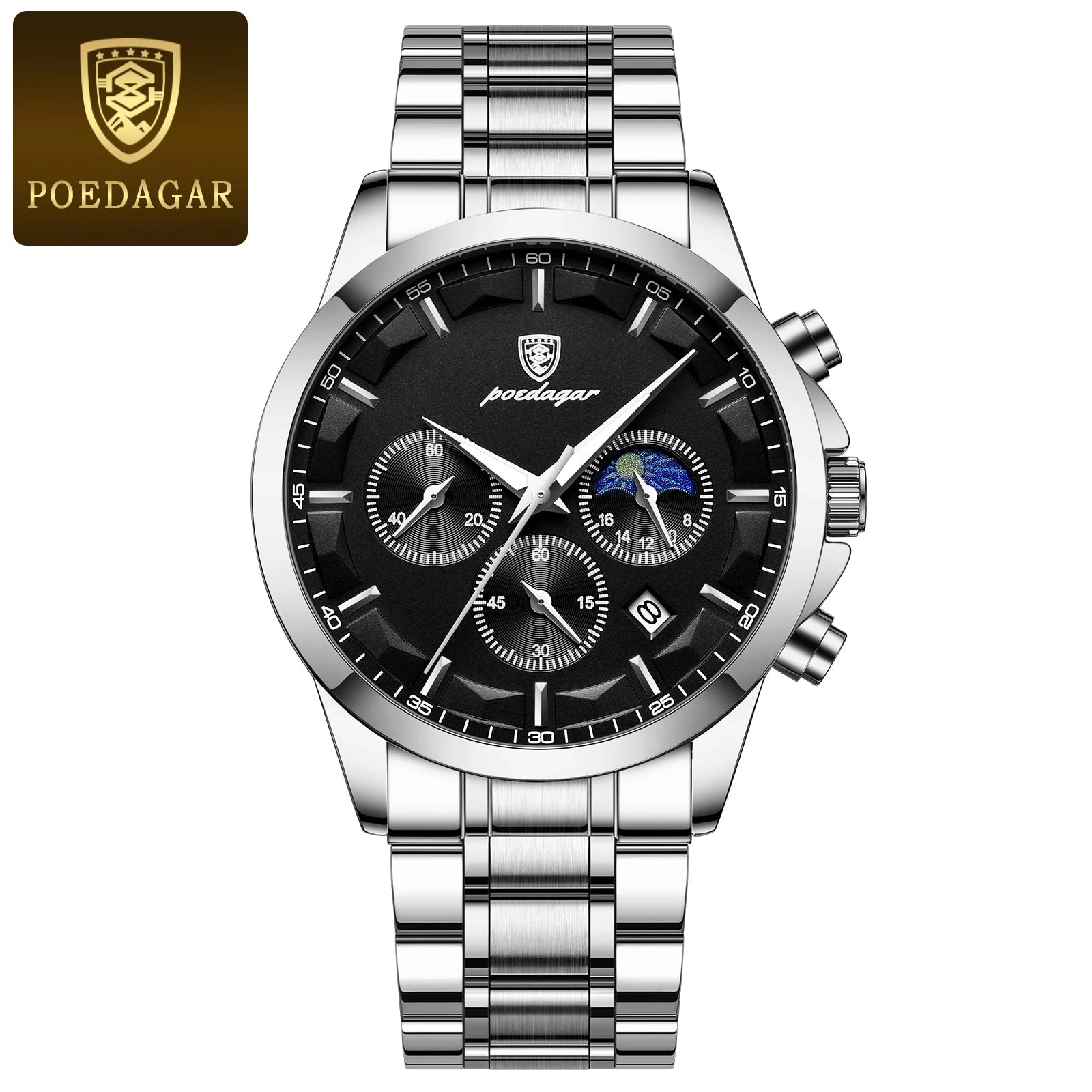 Moon Phase Full Calendar Watch – Luminous Dial with Stainless Steel Bracelet