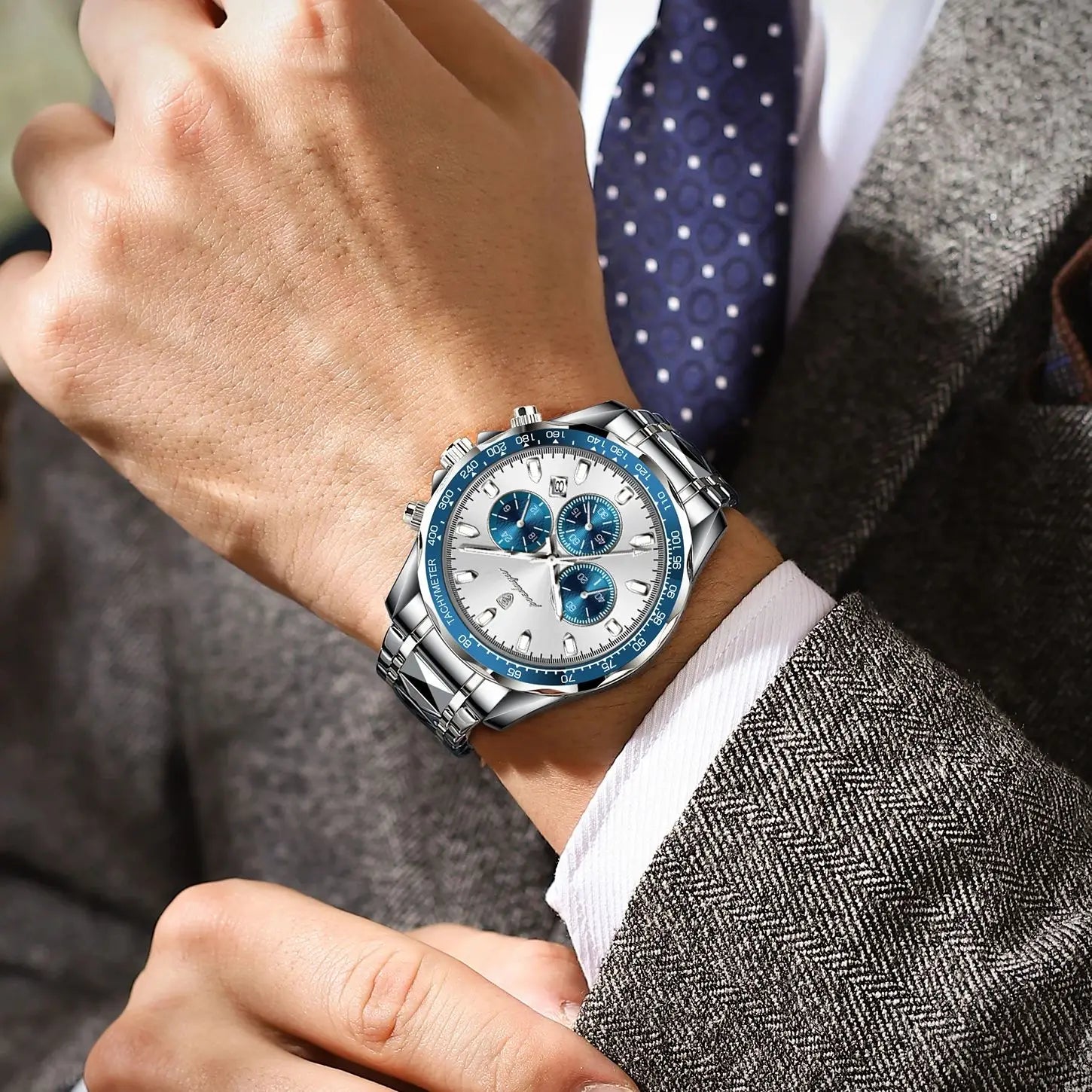 Chronograph Date Watch – Luminous Dial with Hidden Clasp Bracelet
