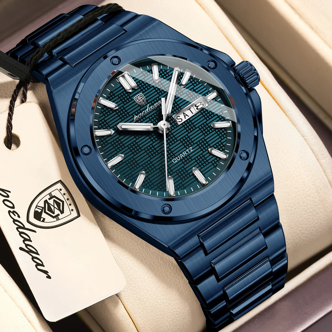 Full Calendar Business Watch – Luminous Stainless Steel with Hidden Clasp Bracelet
