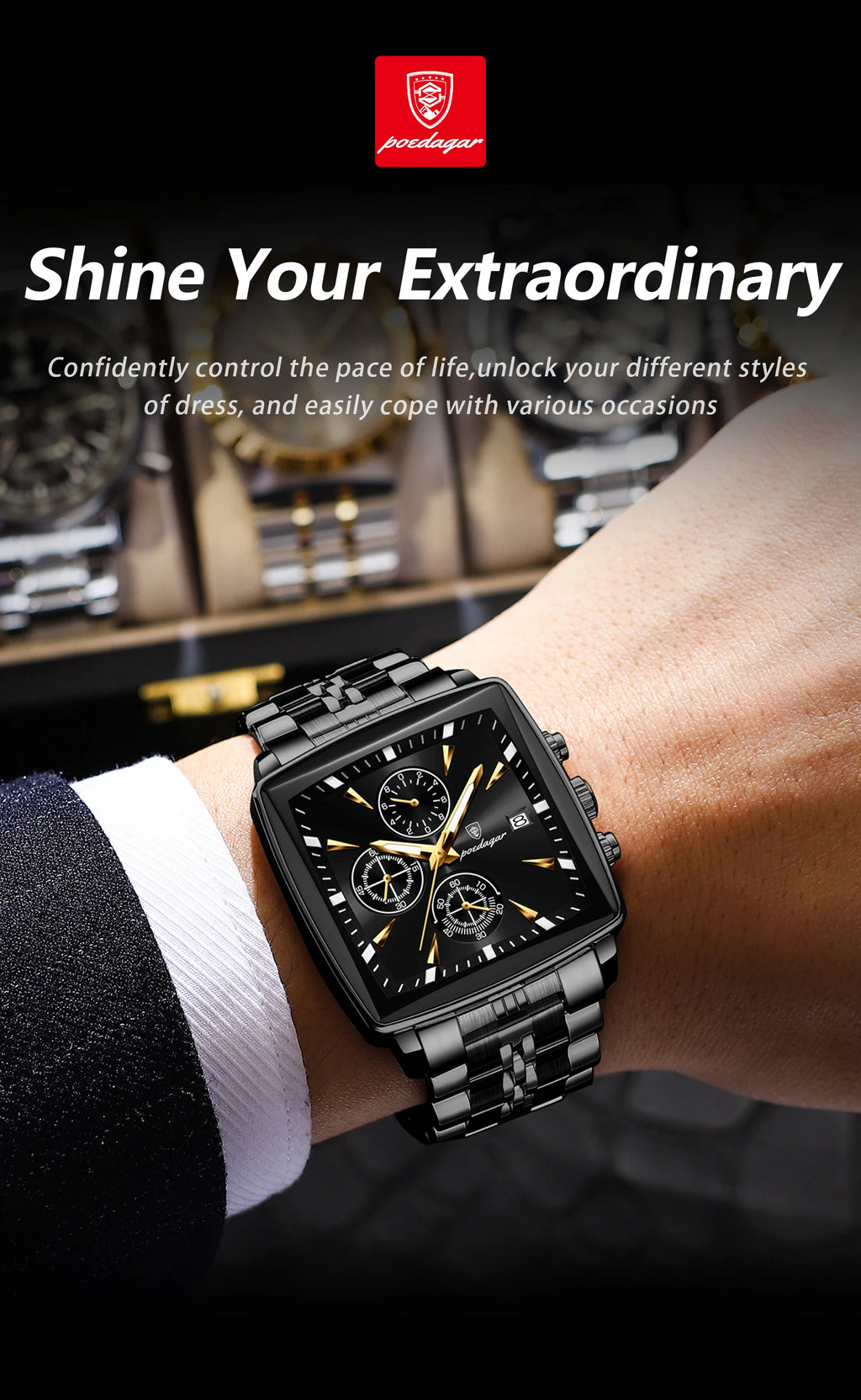 Square Chronograph Watch – Luminous Numberless Dial with Hidden Clasp Bracelet