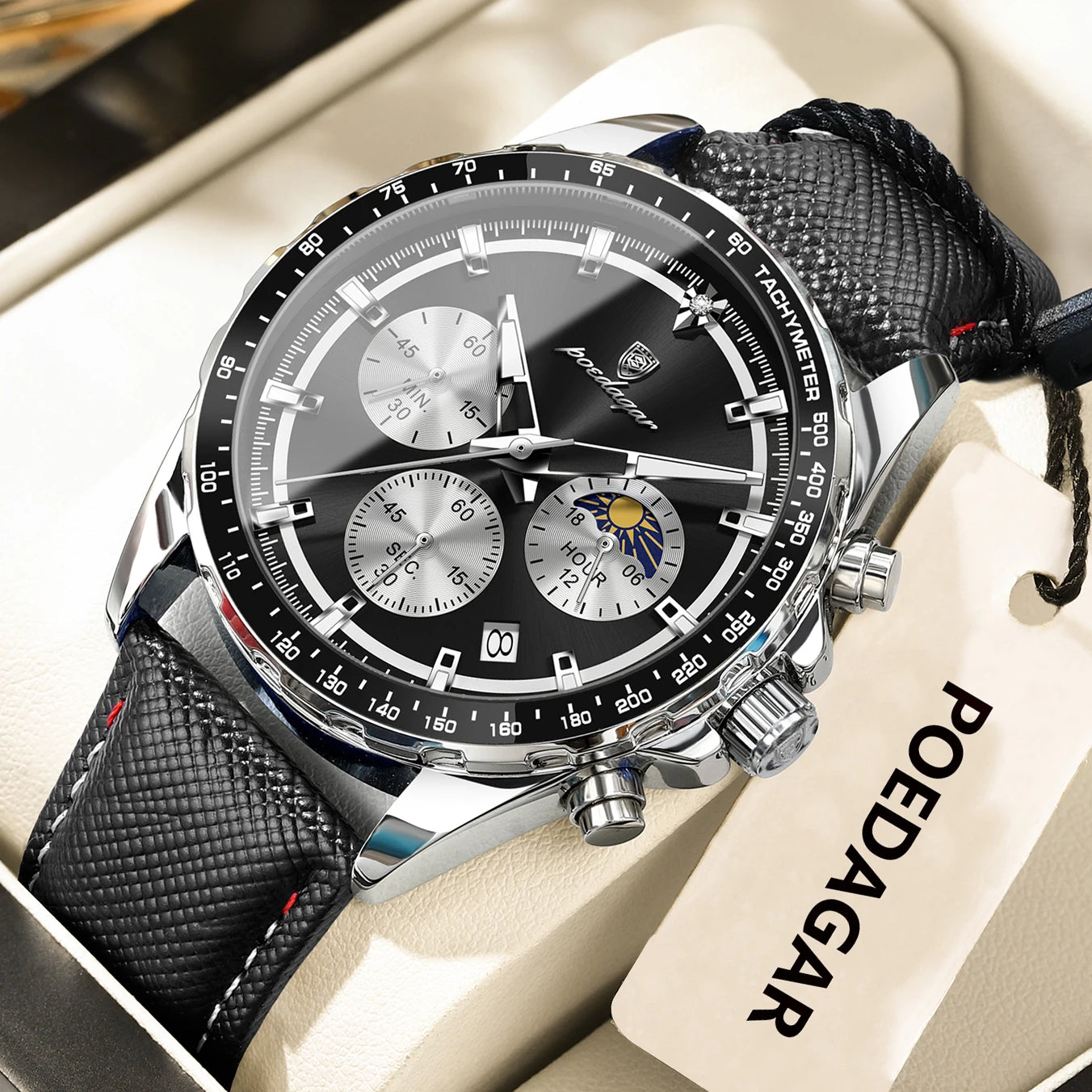 Leather Chronograph Watch – Luminous Dial with Date