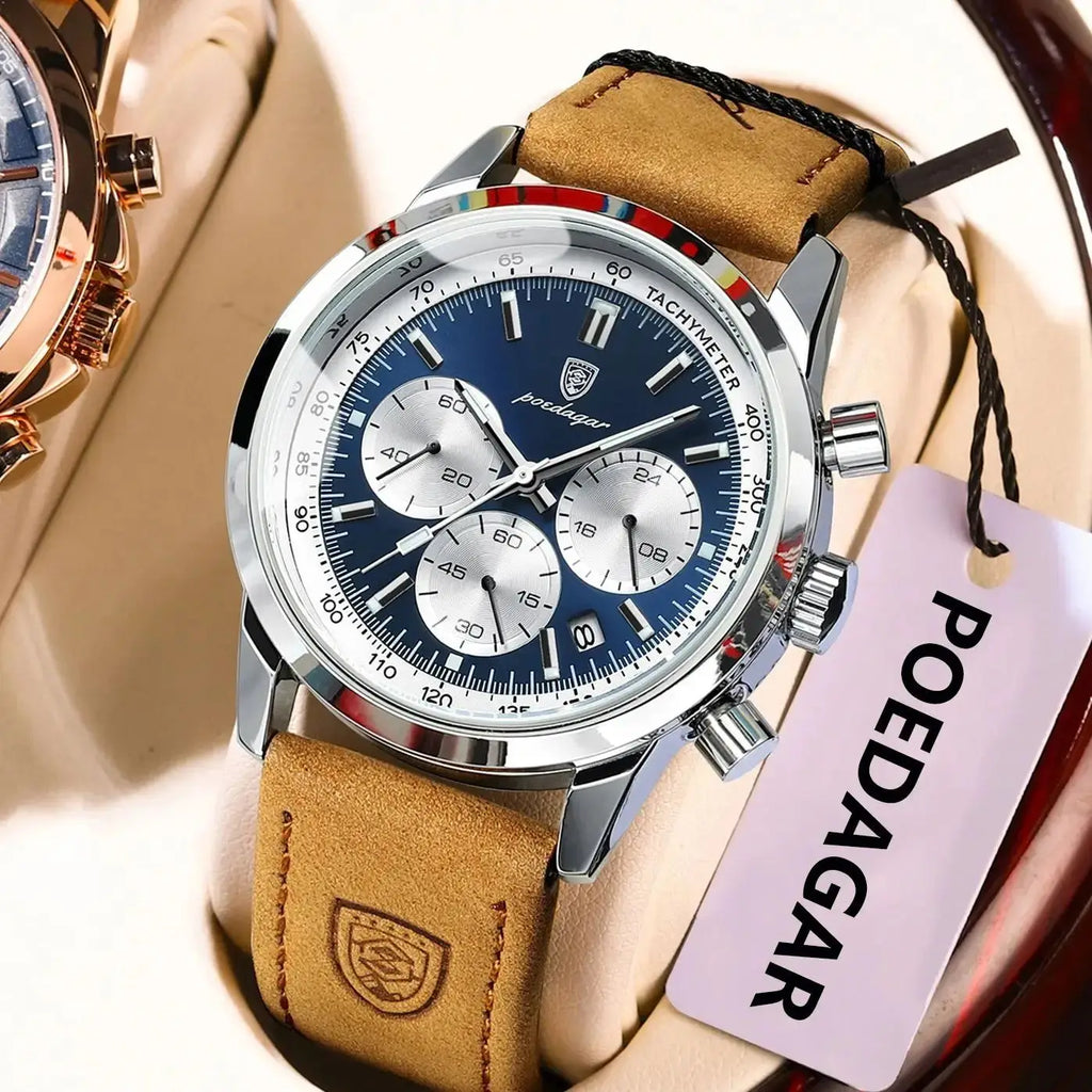 Chronograph Leather Watch – Luminous Numberless Dial with Date