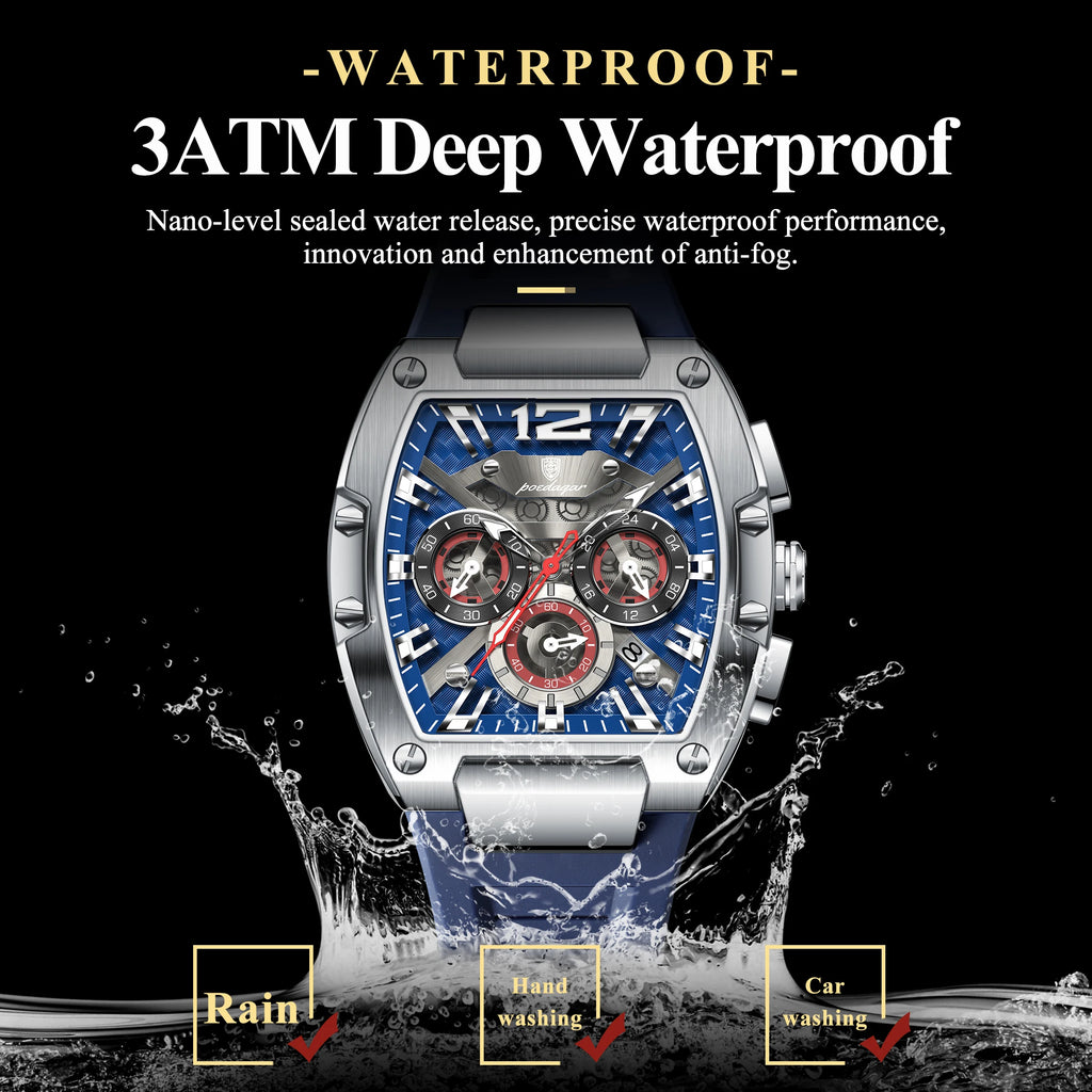 Tonneau Chronograph Watch – Luminous Arabic Dial with Silicone Strap