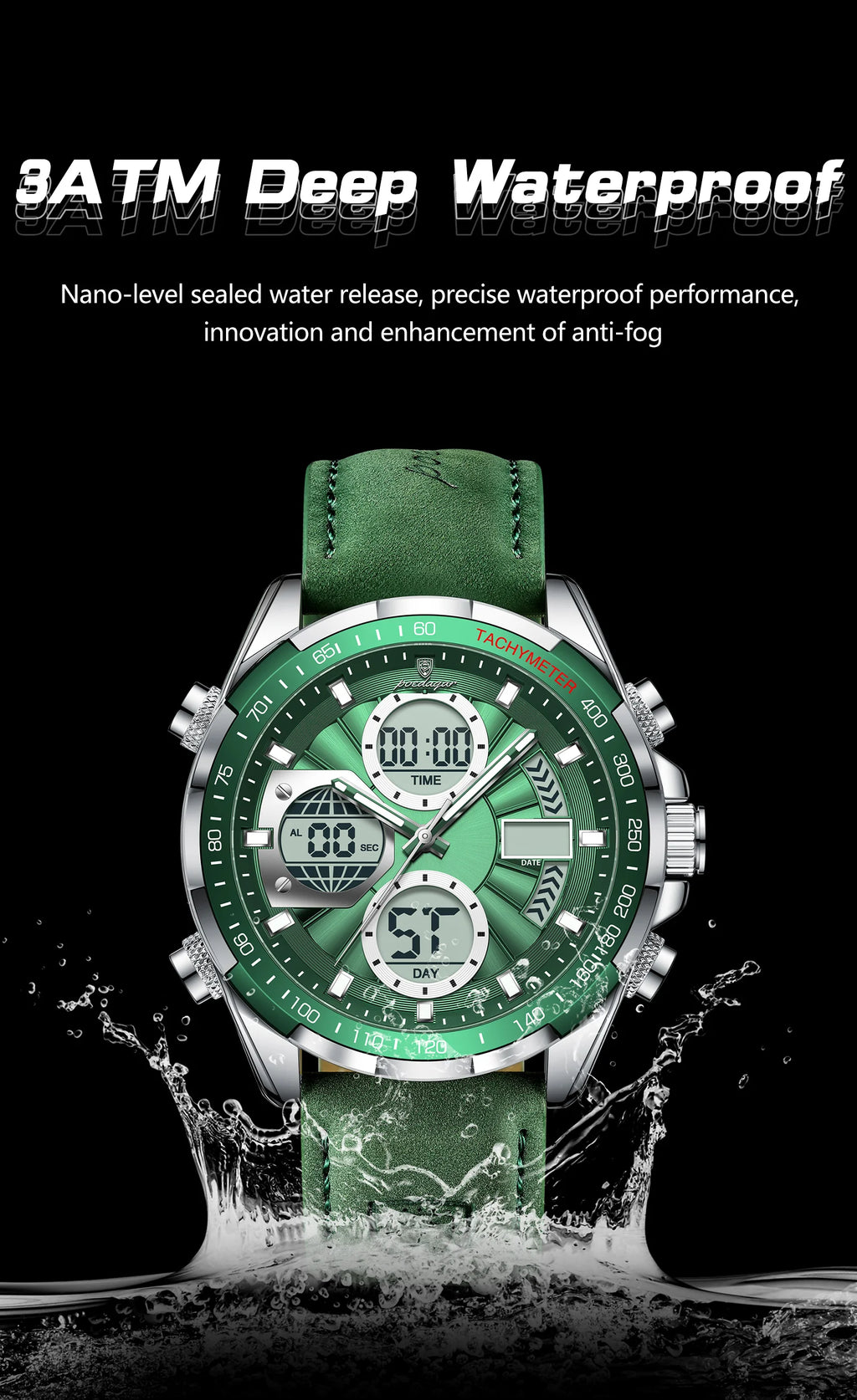 LED Analog-Digital Chronograph Watch – Dual Time & Alarm with Leather Strap