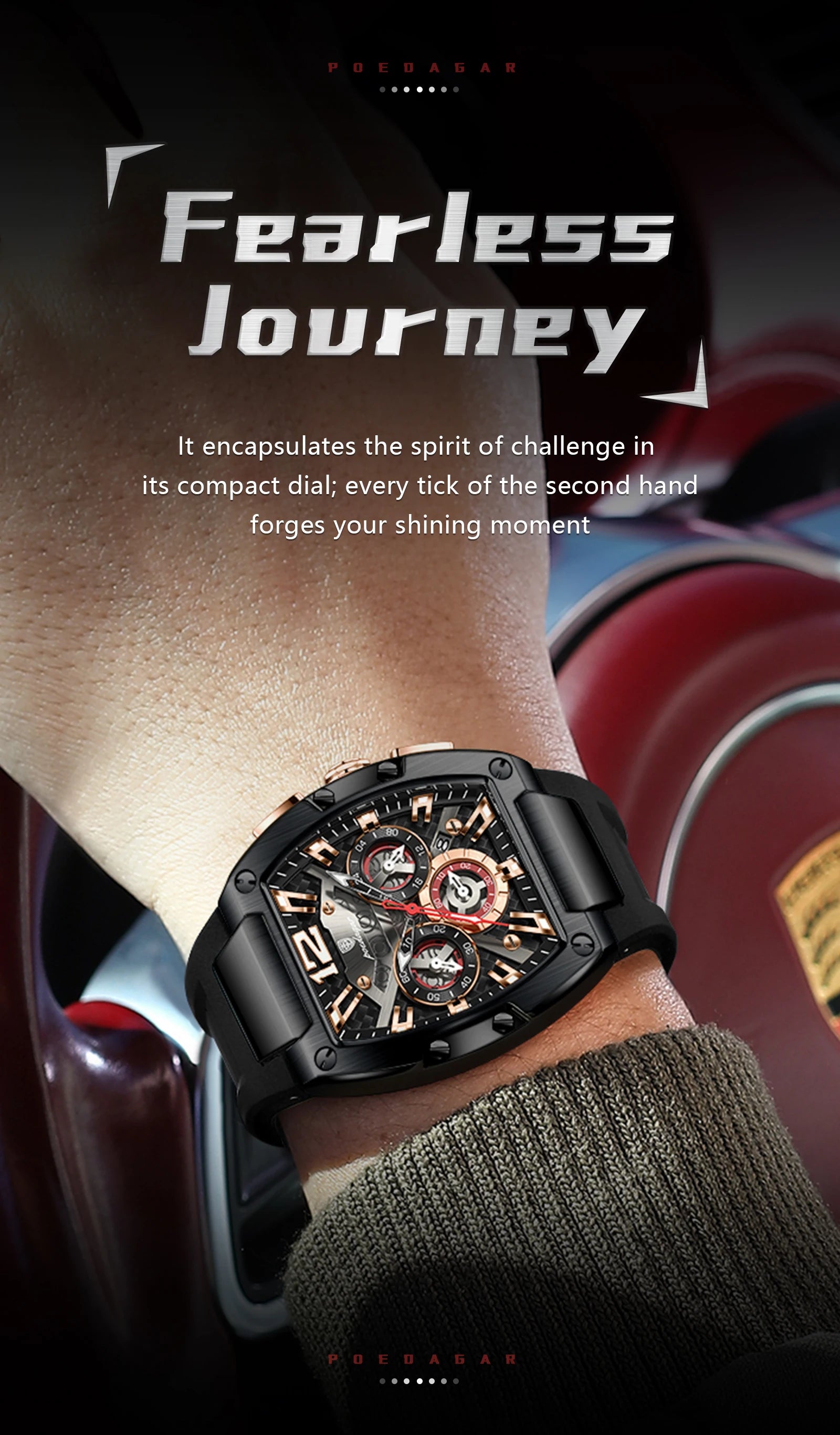 Tonneau Chronograph Watch – Roman Numeral Dial with Sapphire Crystal & Silicone Strap