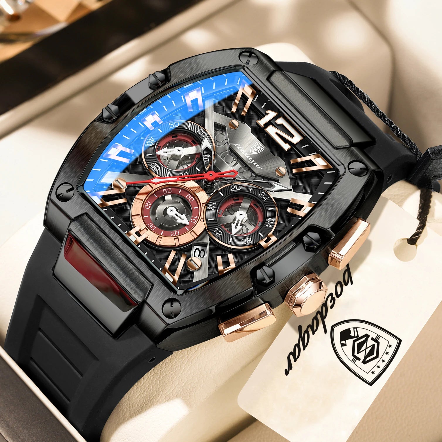Bold Tonneau Timepiece – Luminous Chronograph with Premium Silicone Strap