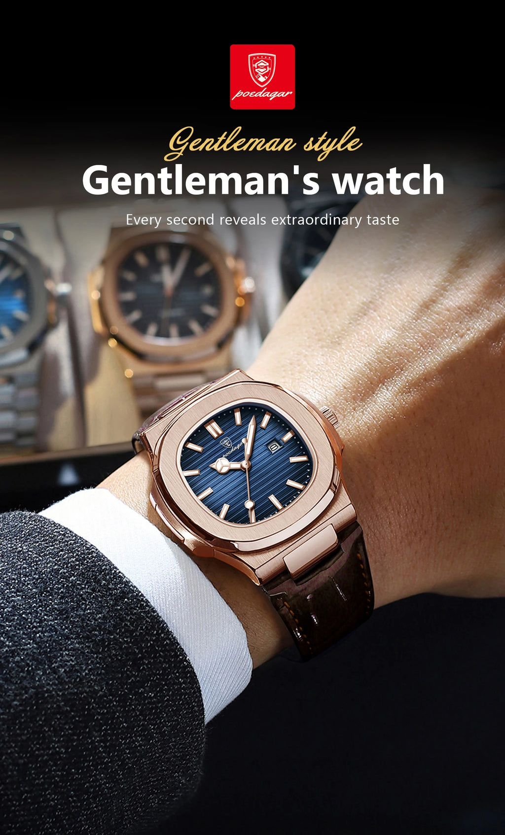 Square Leather Watch – Luminous Dial with Date & Classic Buckle