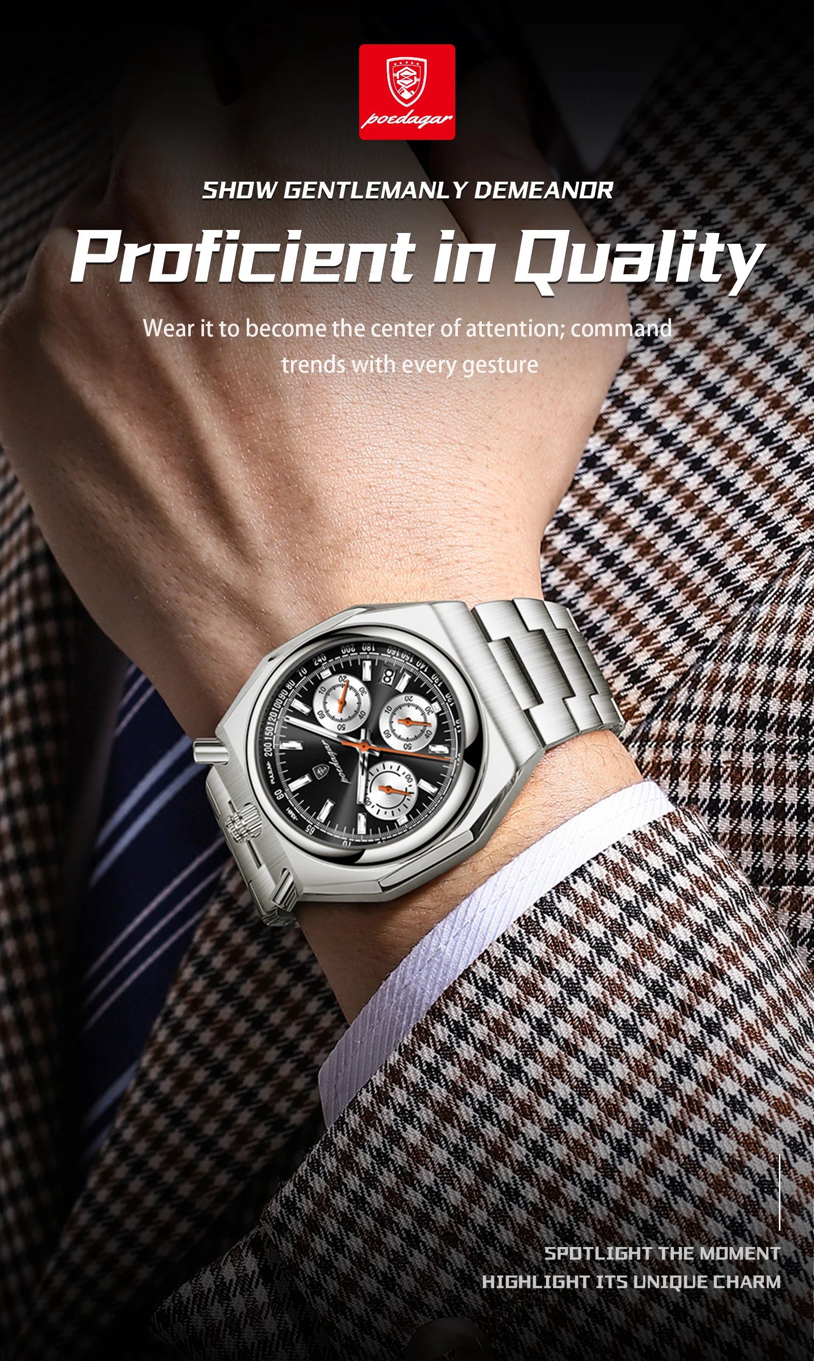 Irregular Chronograph Watch – Bold Numberless Dial with Hidden Clasp Bracelet