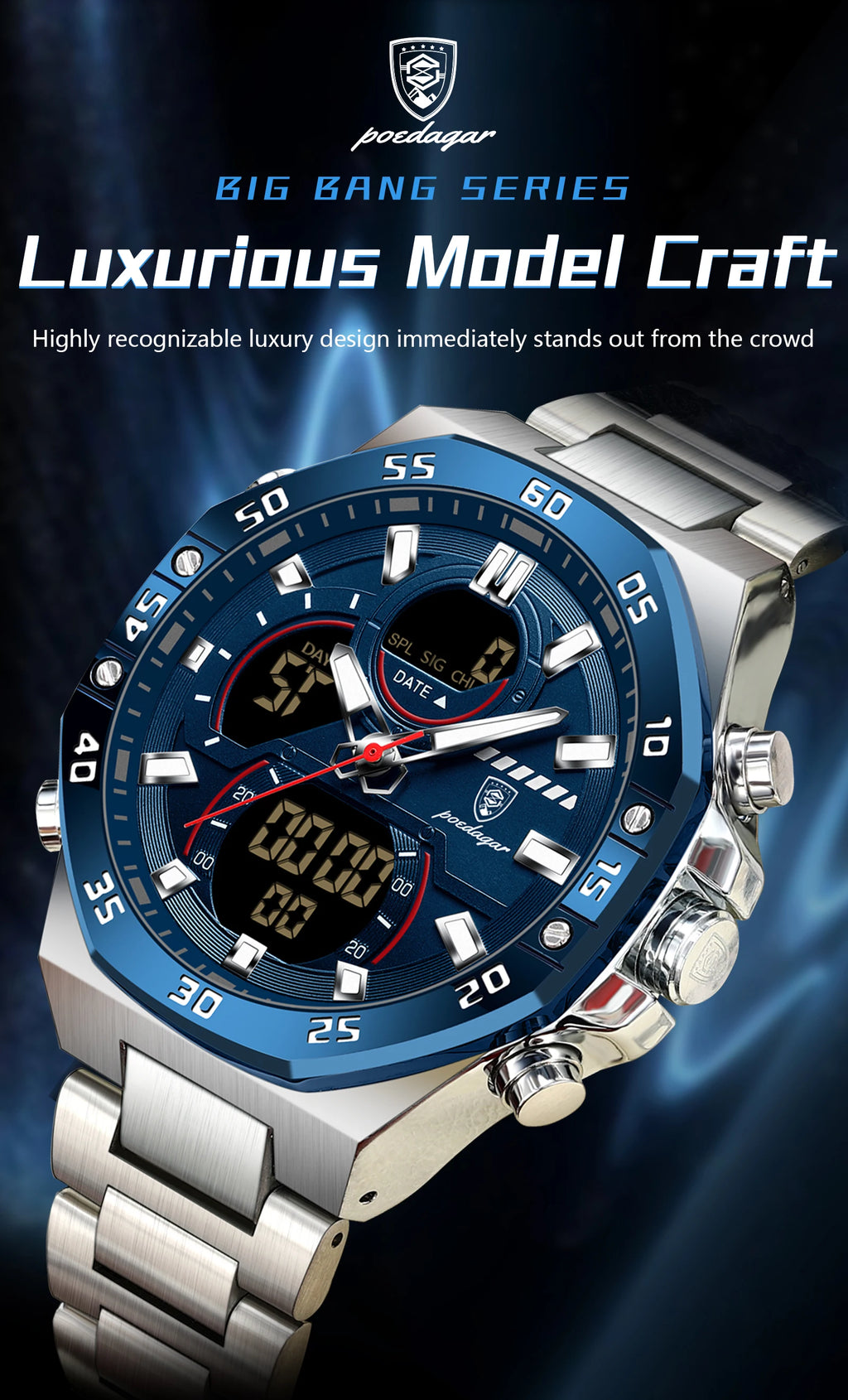 LED Analog-Digital Chronograph Watch – Full Calendar with Alarm & Bracelet