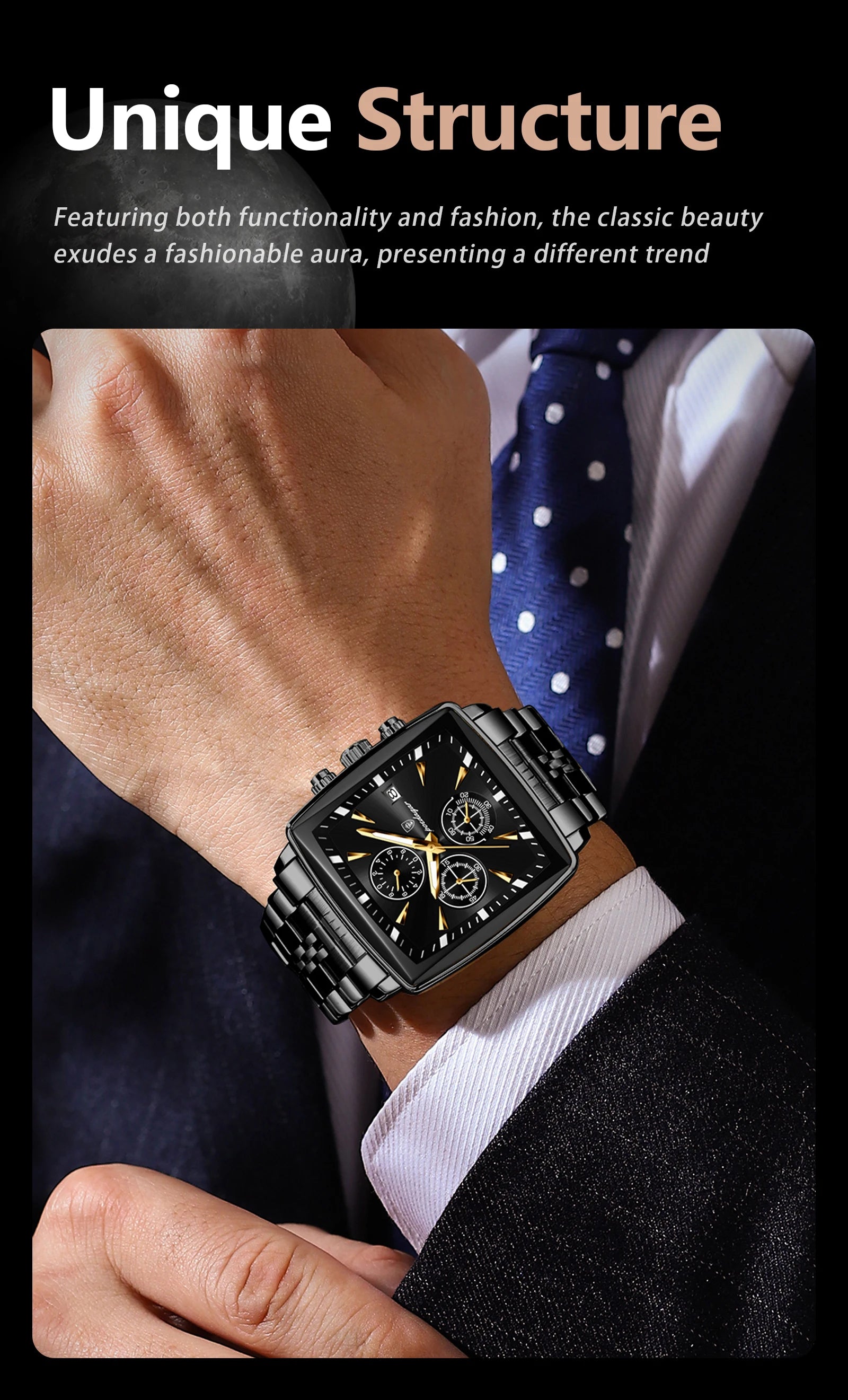 Square Chronograph Watch – Luminous Numberless Dial with Hidden Clasp Bracelet