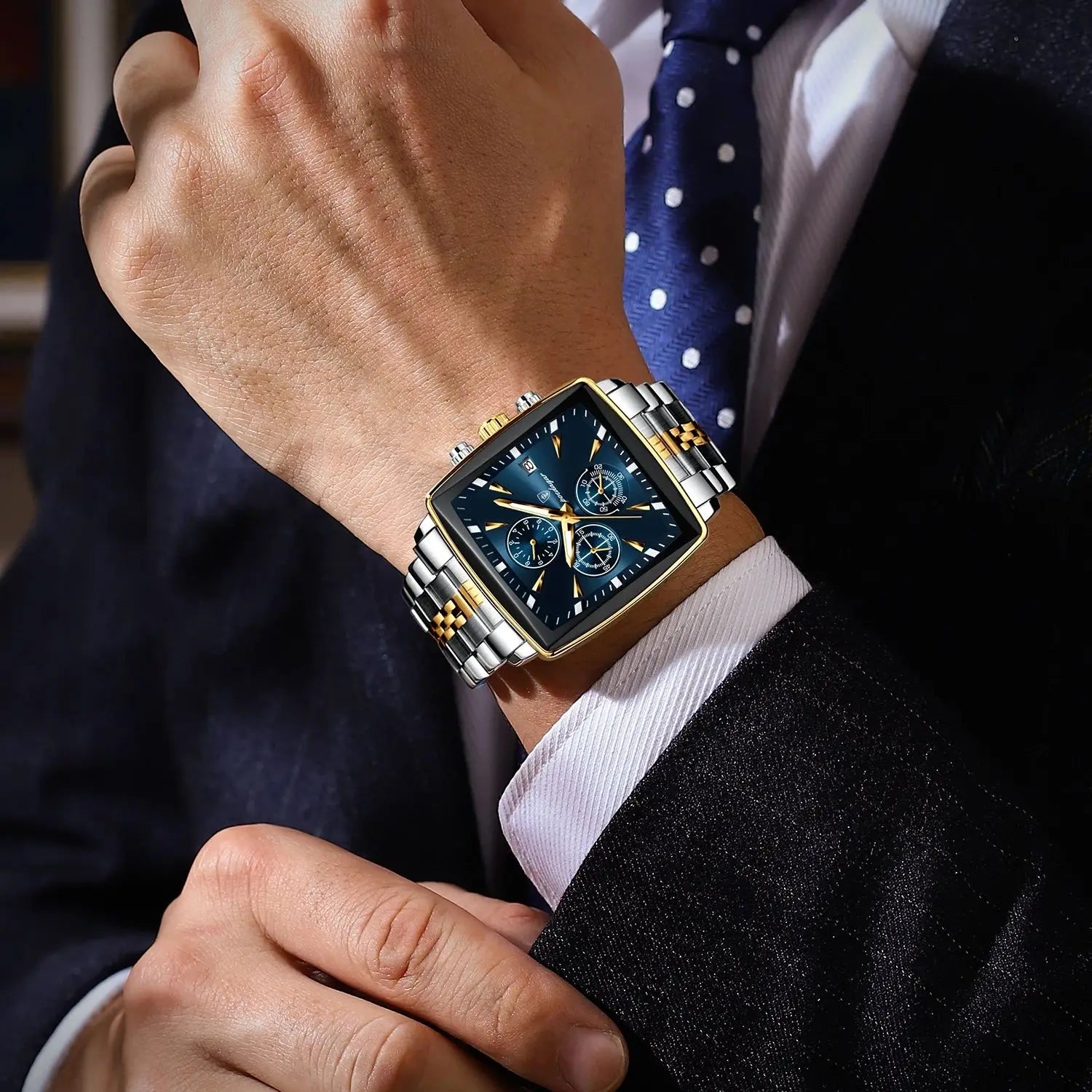 Square Chronograph Watch – Numberless Dial with Hidden Clasp Bracelet