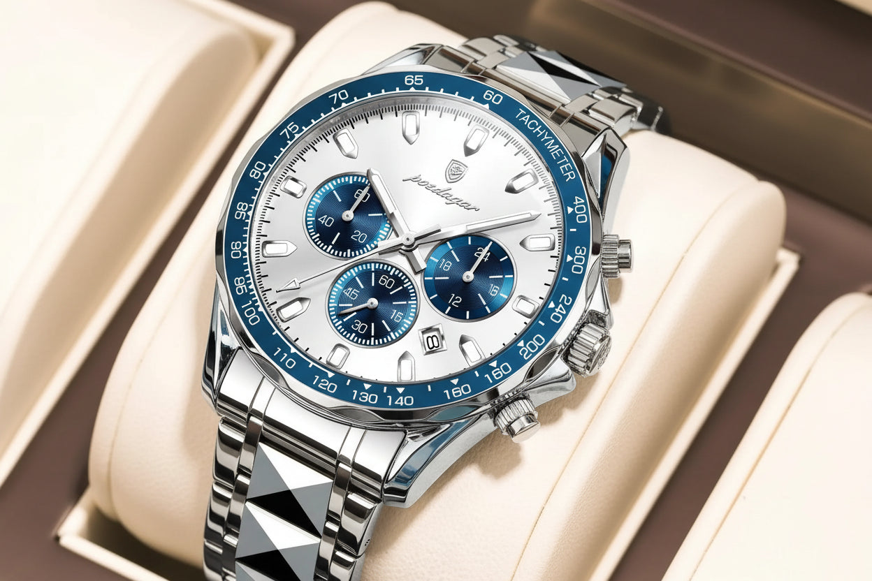 Chronograph Date Watch – Luminous Dial with Hidden Clasp Bracelet