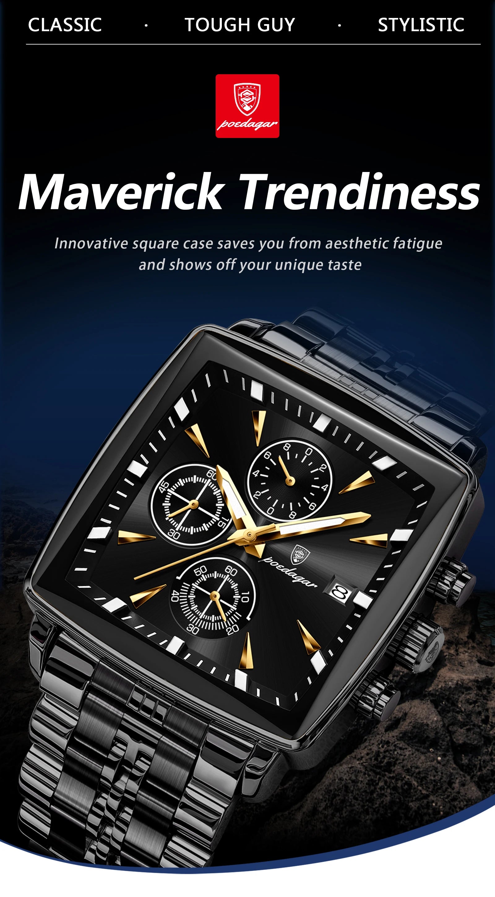 Square Chronograph Watch – Luminous Numberless Dial with Hidden Clasp Bracelet