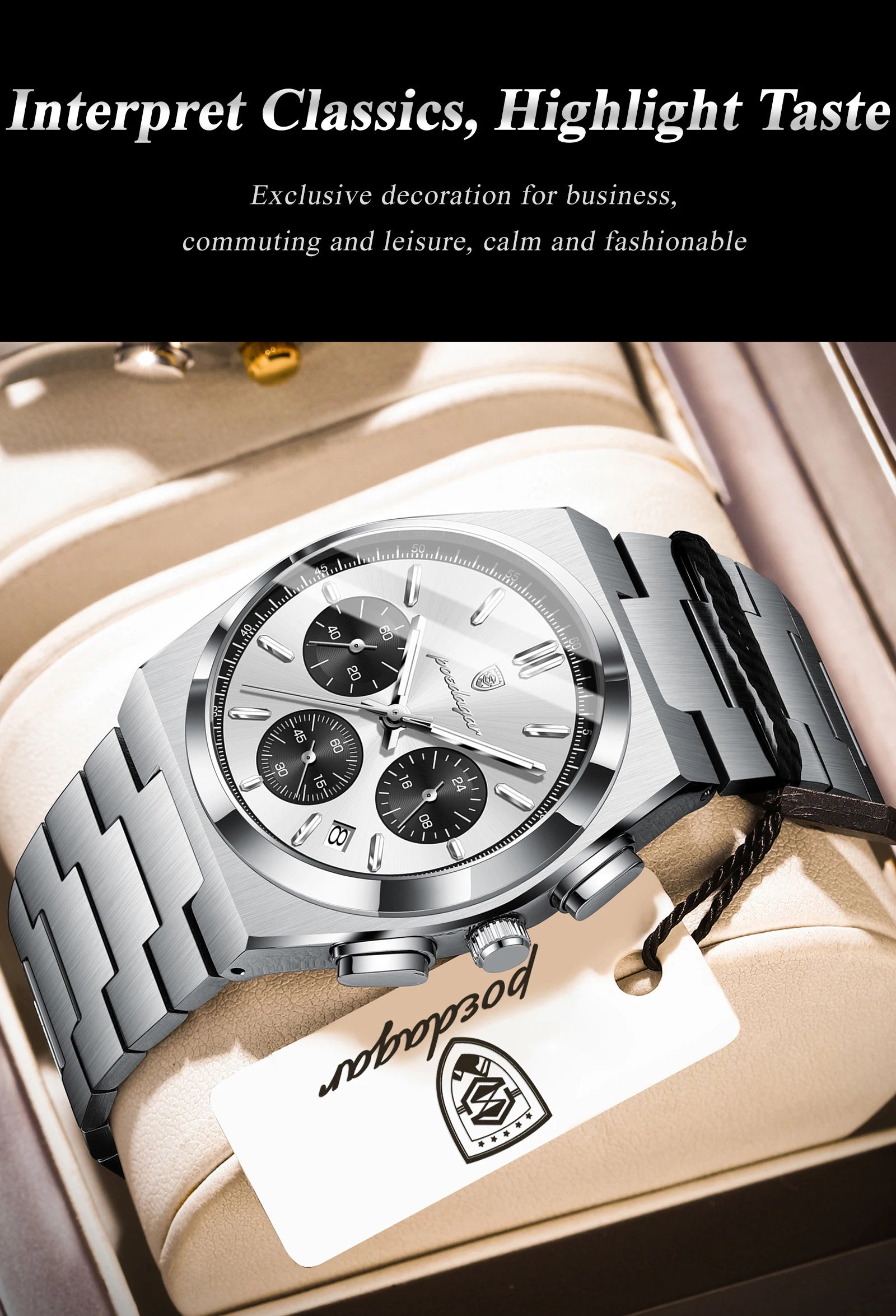 Chronograph Watch – Luminous Numberless Dial with Hidden Clasp