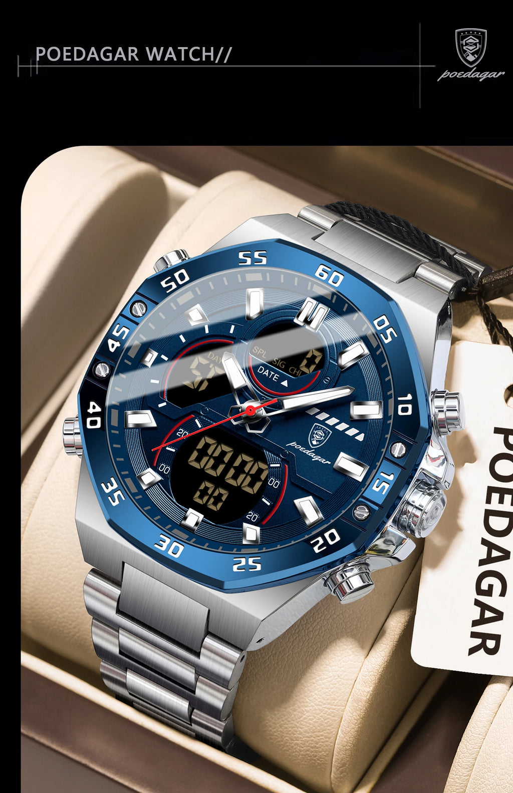 LED Analog-Digital Chronograph Watch – Full Calendar with Alarm & Bracelet