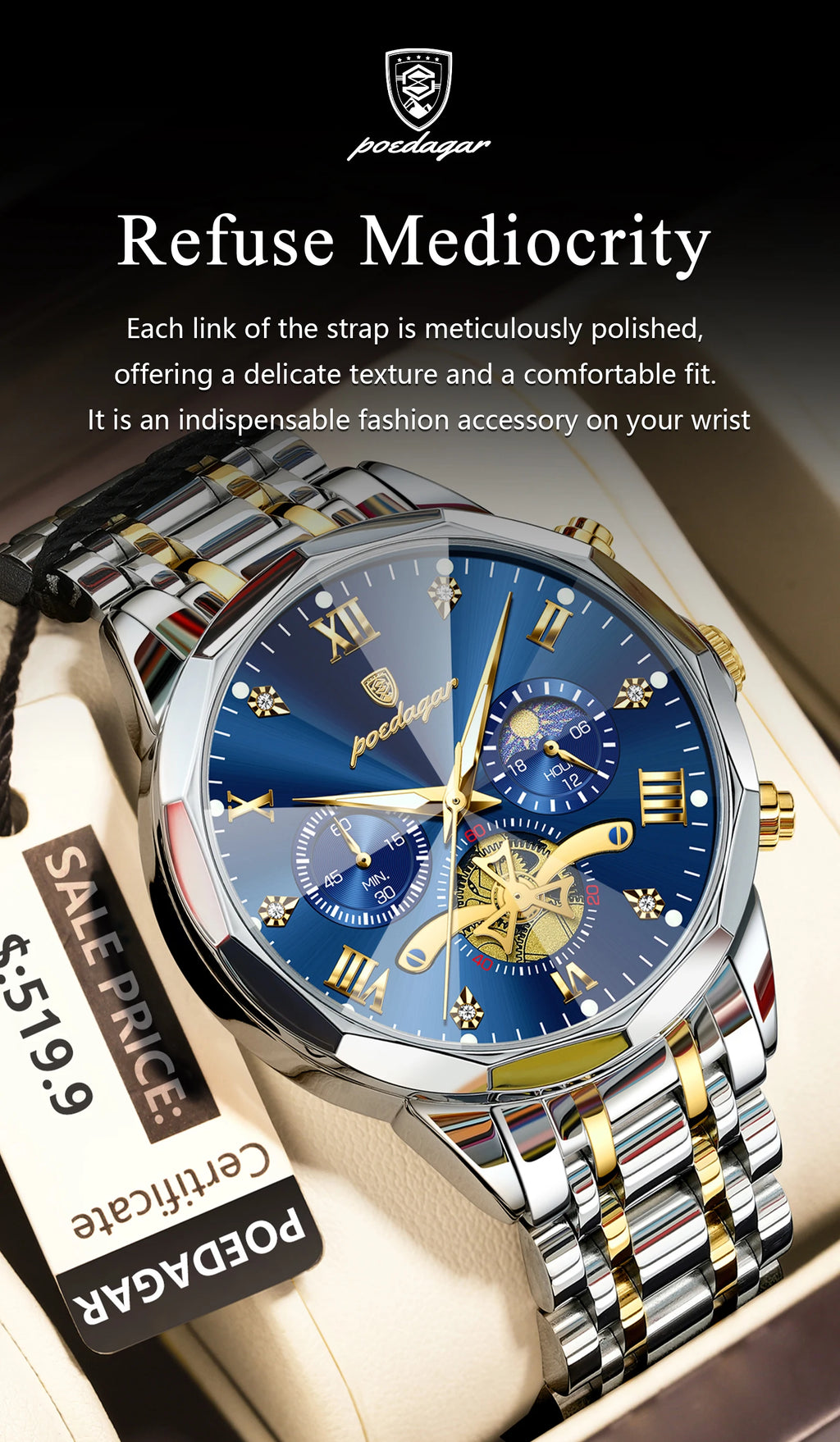 Premium Men's Chronograph Watch – Stainless Steel, Luminous, 3Bar Water‑Resistant
