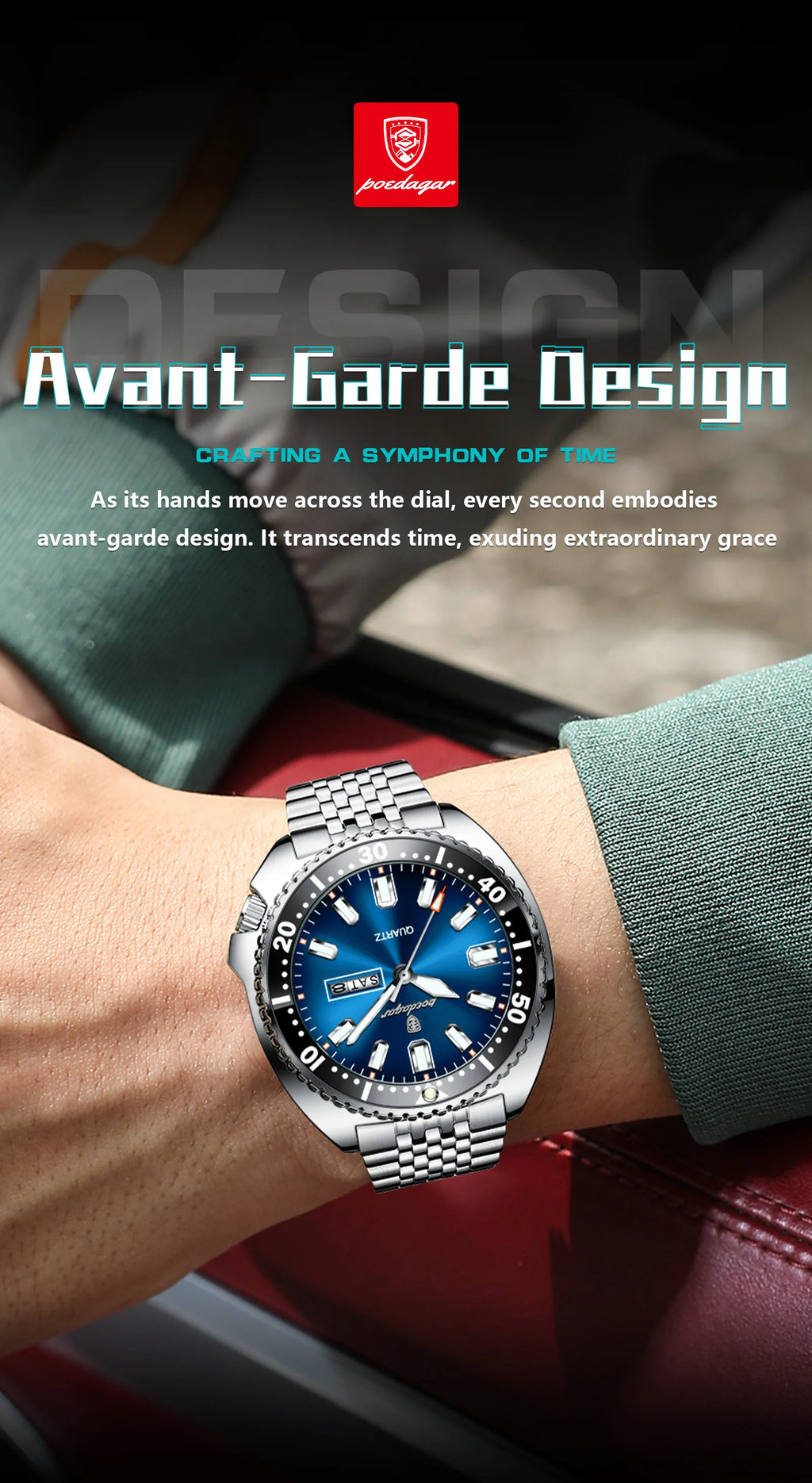 Large Full Calendar Watch – Luminous Numberless Dial with Hidden Clasp Bracelet