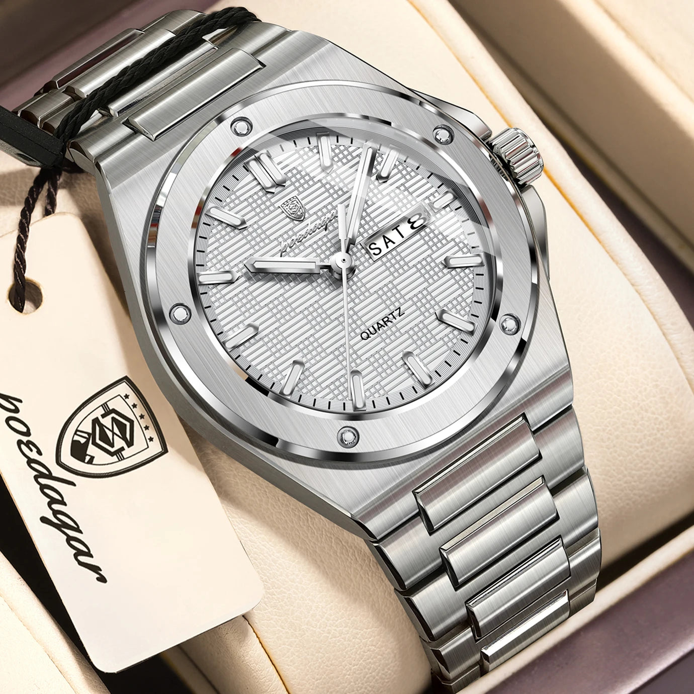Full Calendar Business Watch – Luminous Stainless Steel with Hidden Clasp Bracelet