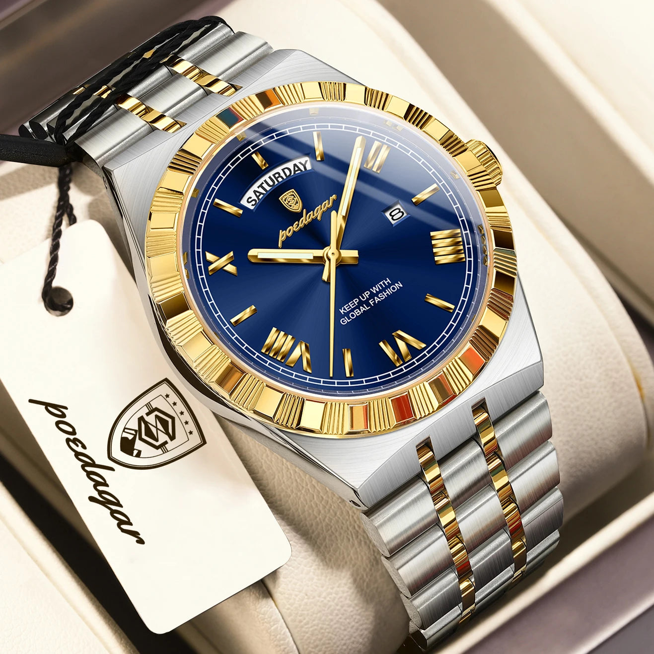 Luxury Business Chronograph – Day, Date, Luminous Dial, Steel Bracelet