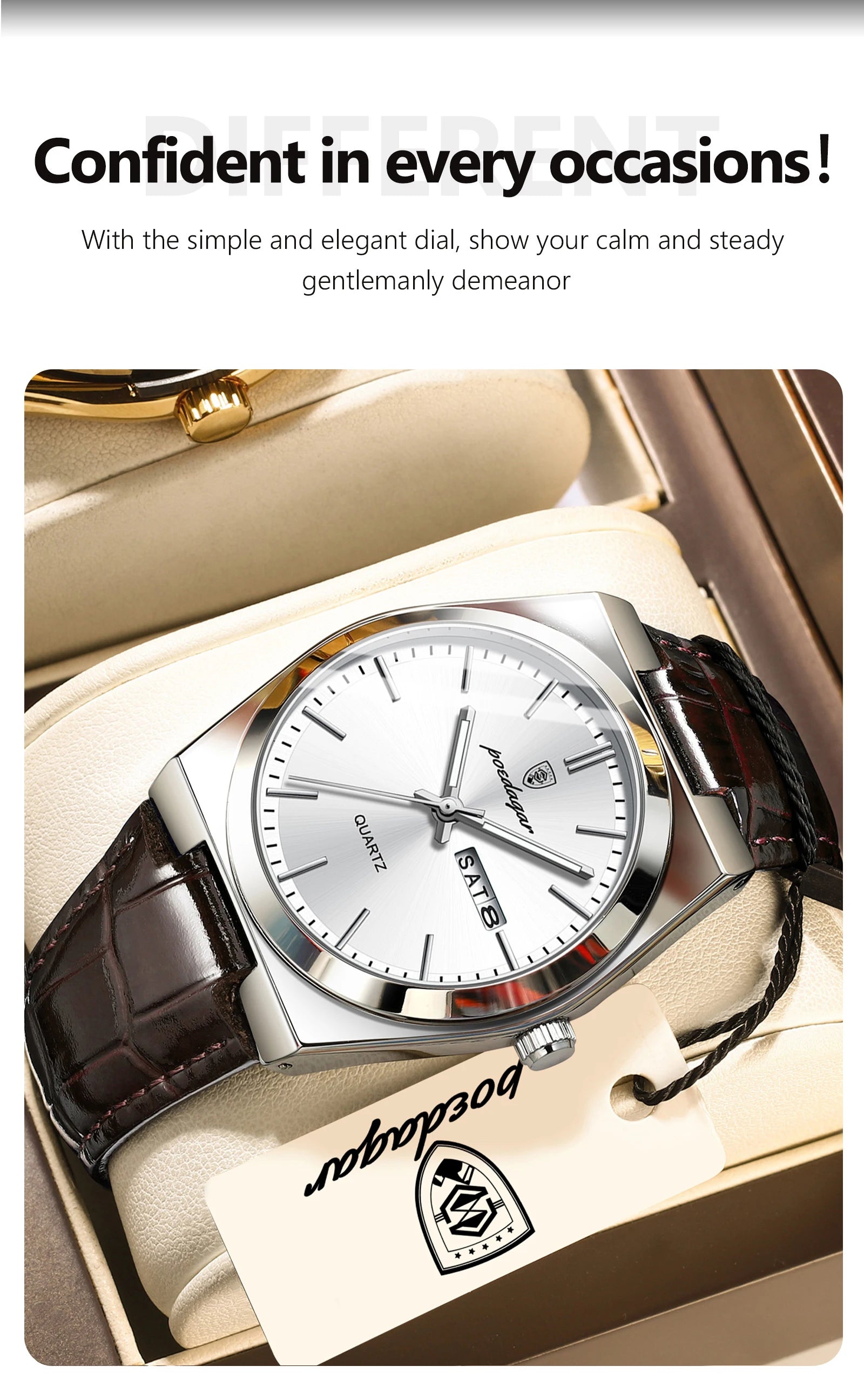 Full Calendar Leather Watch – Luminous Dial with Date, Week & Classic Buckle