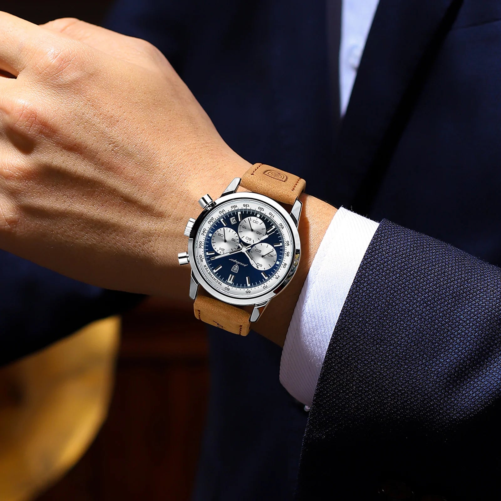 Chronograph Leather Watch – Luminous Numberless Dial with Date