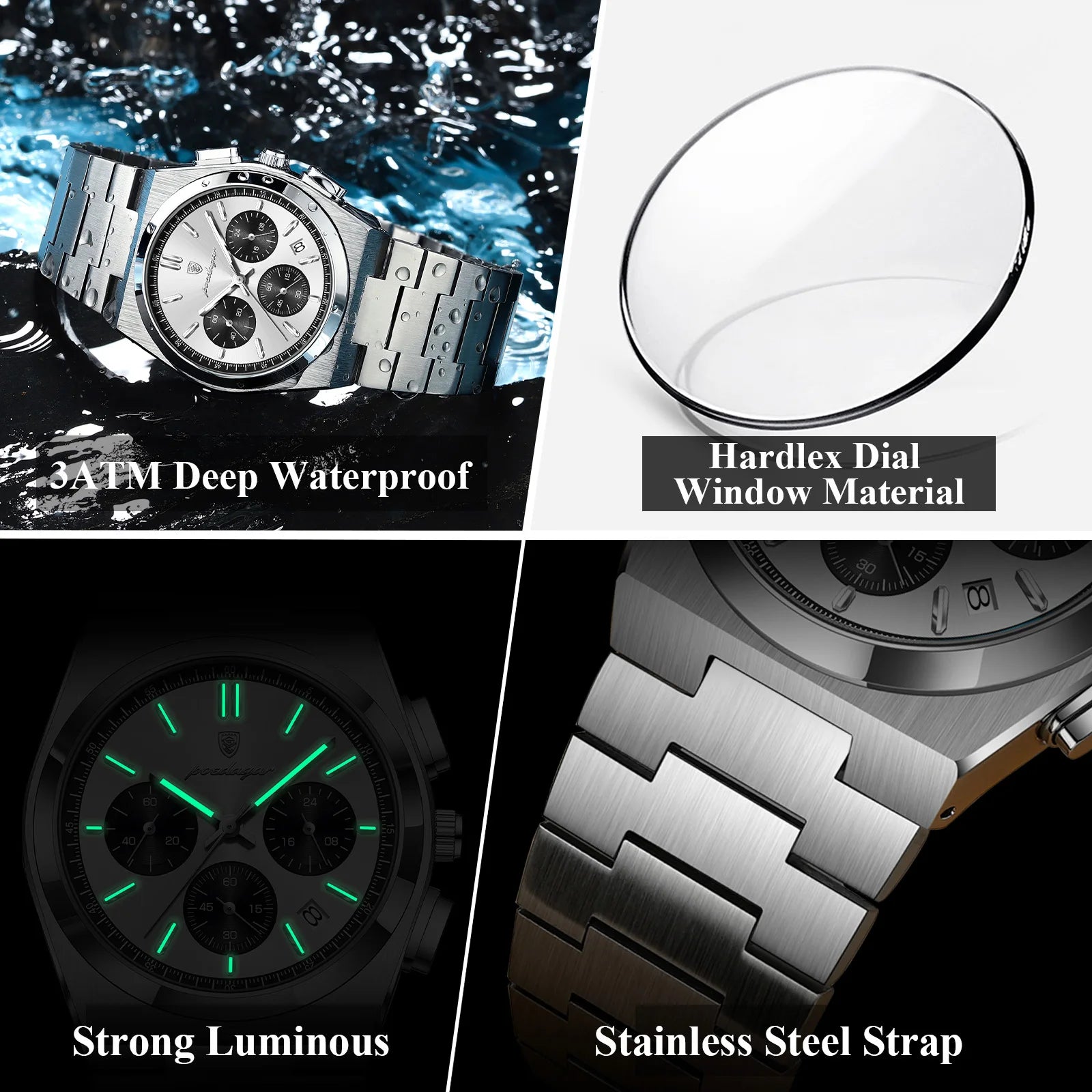 Chronograph Watch – Luminous Numberless Dial with Hidden Clasp