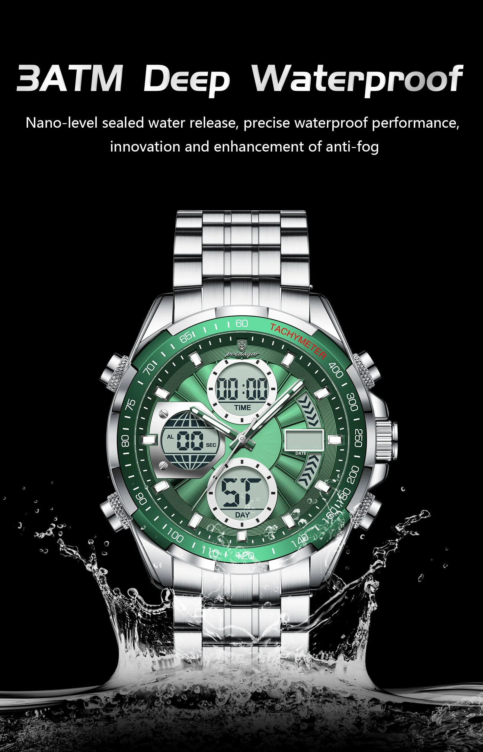 Dual Time Chronograph Watch – Analog-Digital Display with LED & Full Calendar